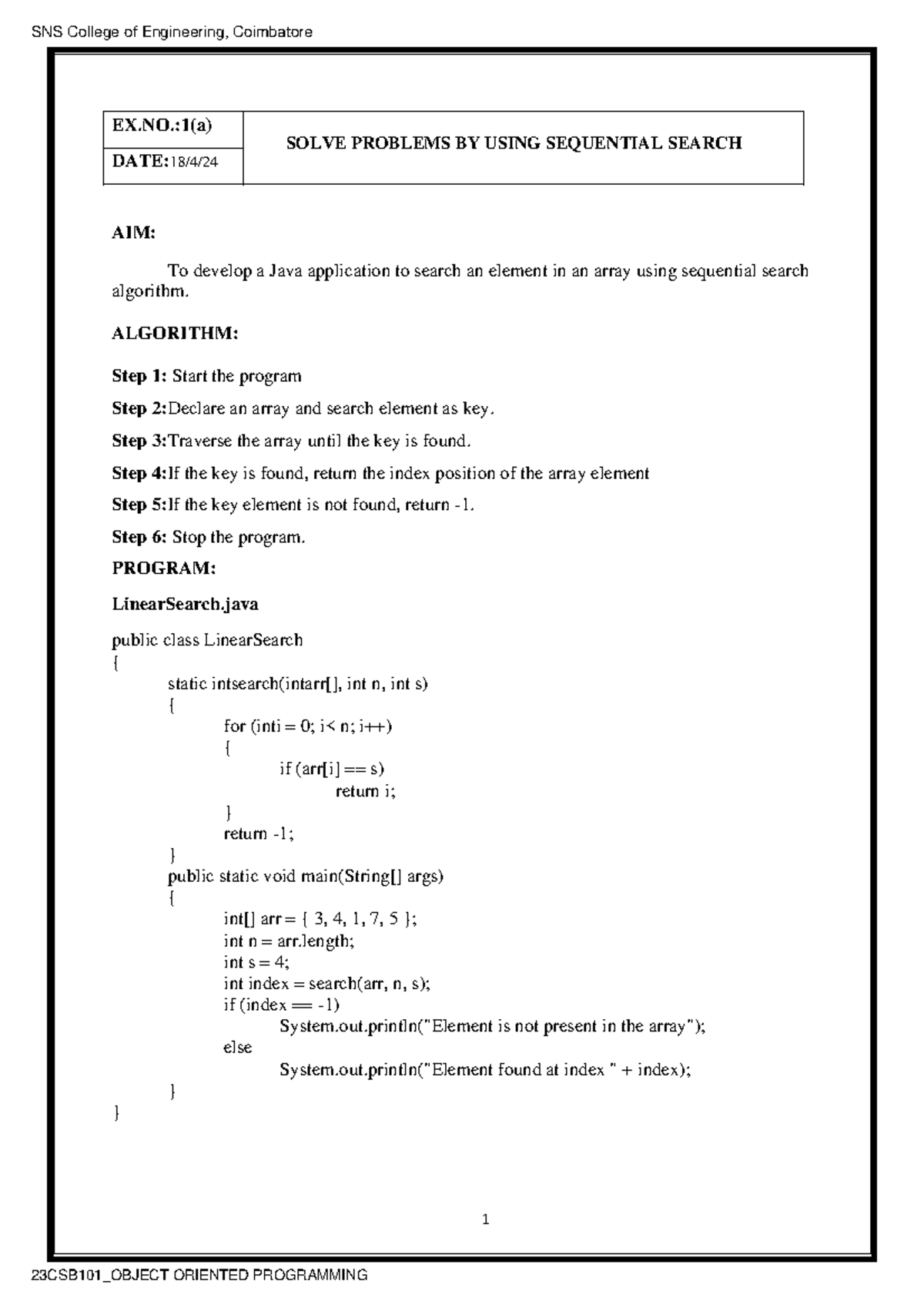 OOPS Practical Manual - JAVA programing - EX.:1(a) DATE: 18 / 4 / 24 ...