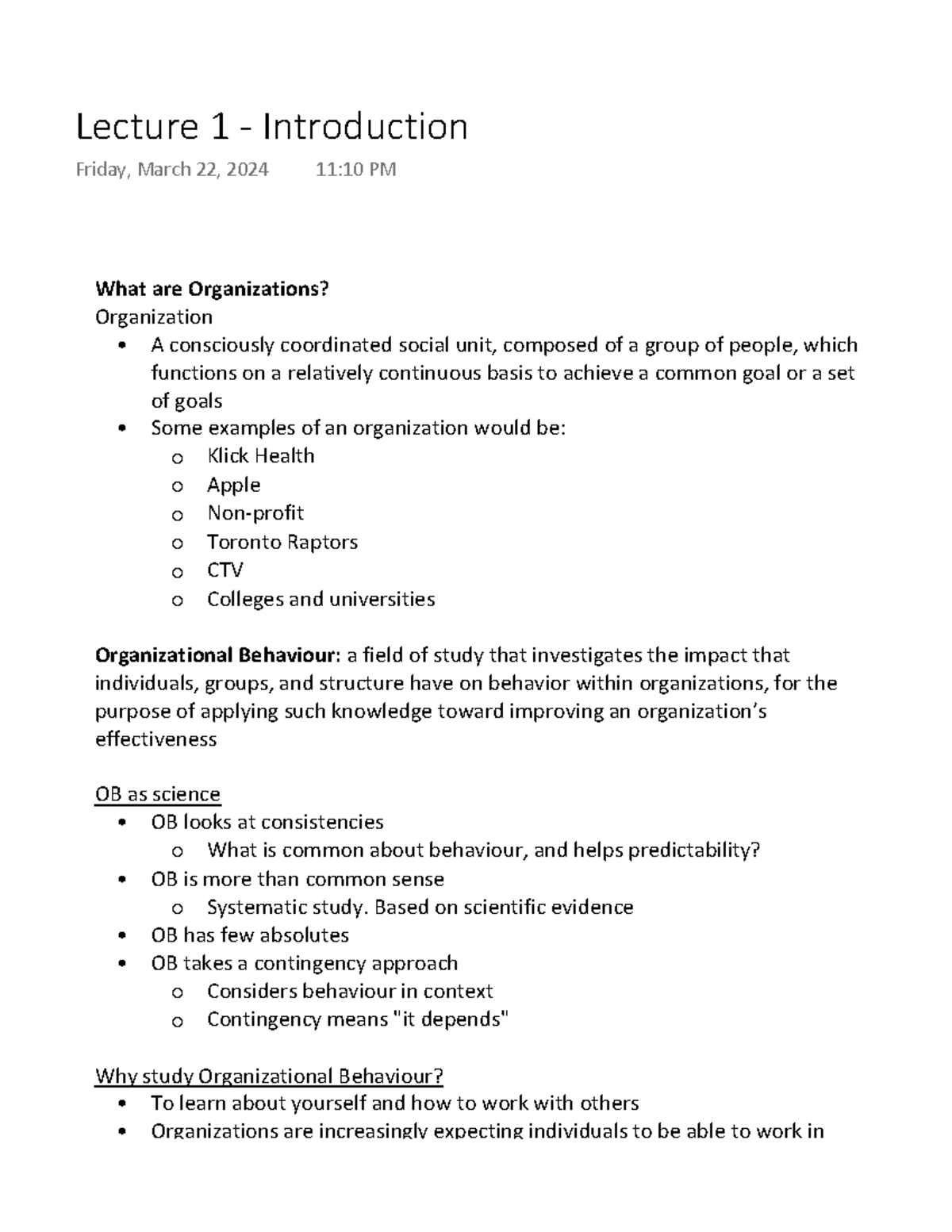 Lecture 1: Introduction to Organizational Behaviour (OB) - Studocu