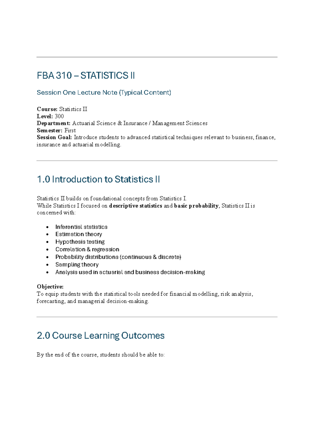 FBA 310 Statistics II Session One Lecture Notes and Key Concepts - Studocu