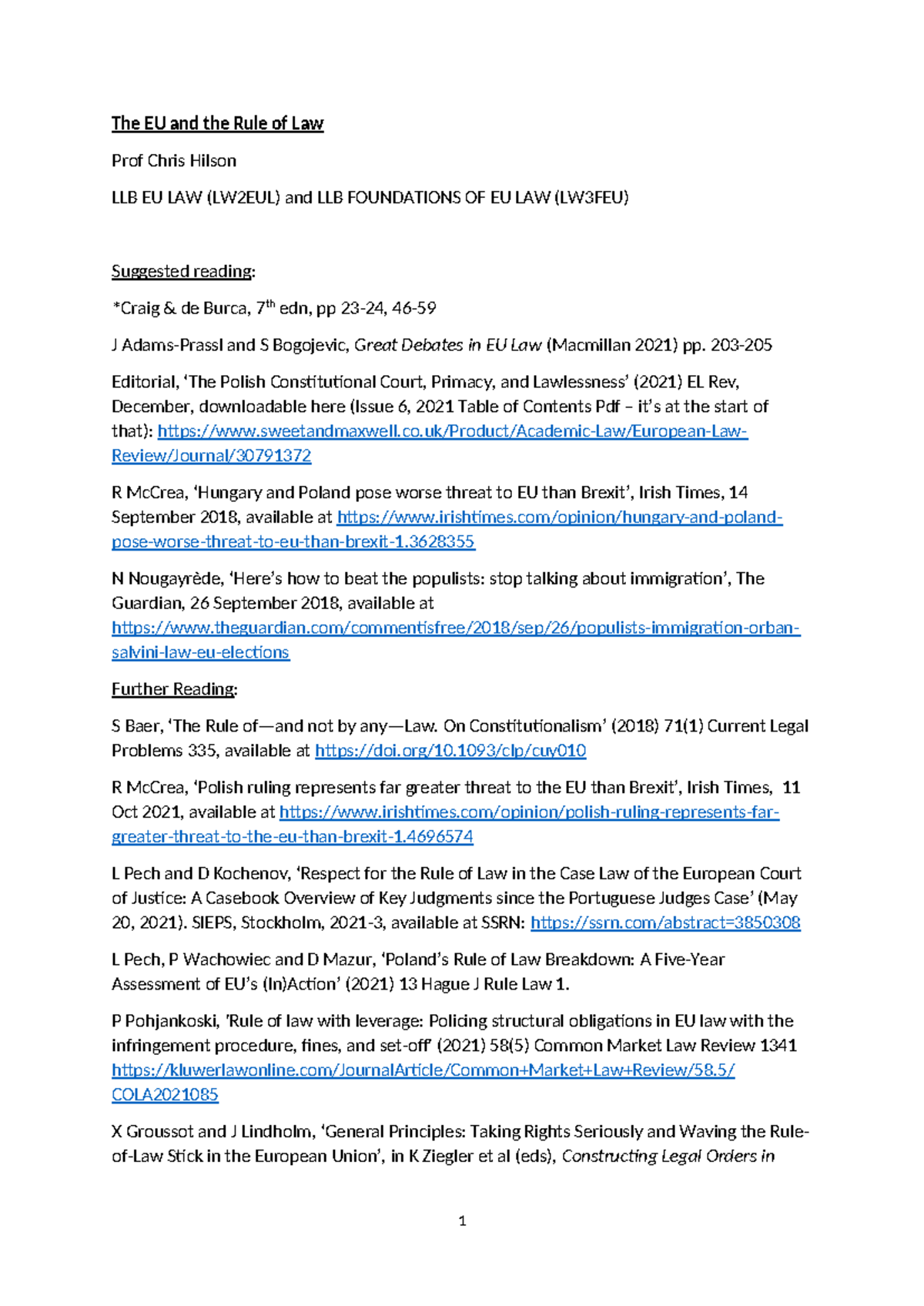 1 - EU and the Rule of Law Notes - The EU and the Rule of Law Prof ...