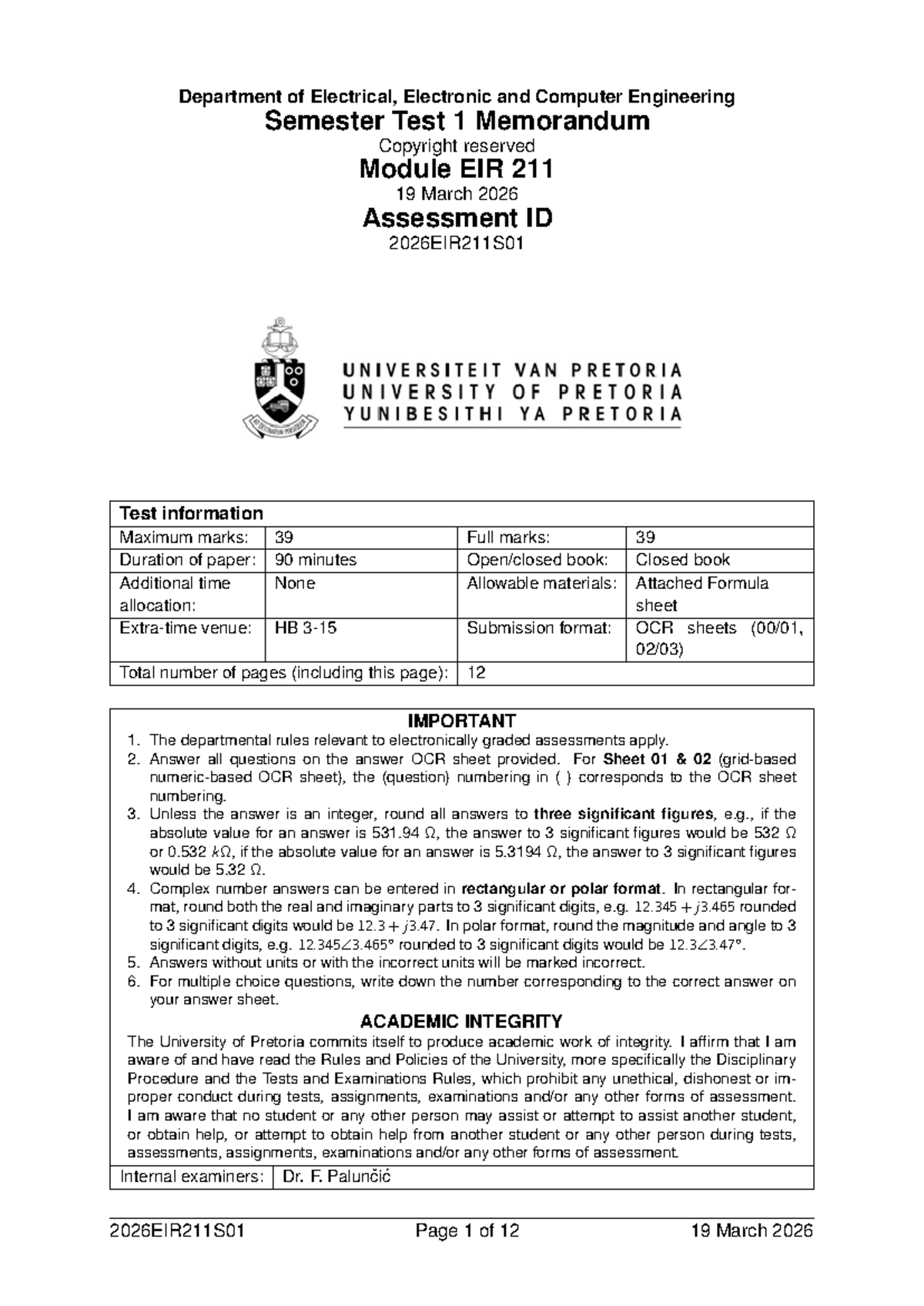 2026EIR211S01 Semester Test 1 Memorandum - Electrical Engineering - Studocu