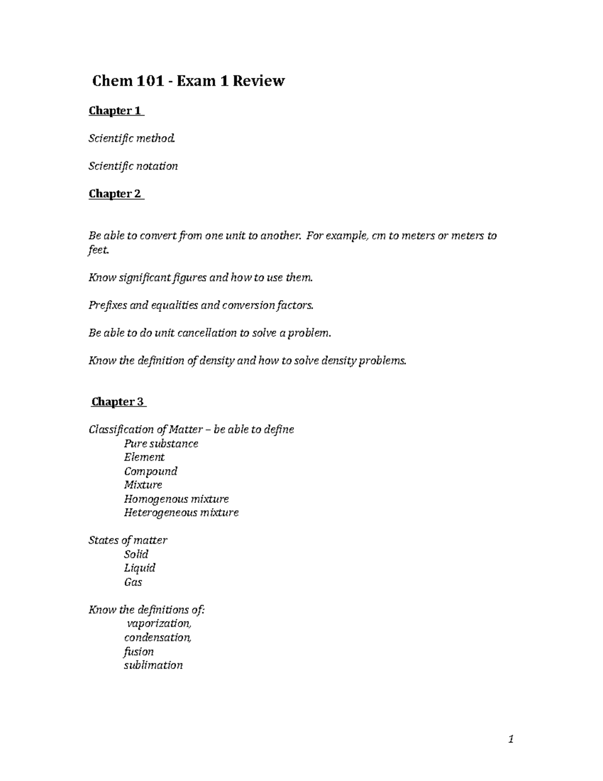 Chem 101 - Exam 1 Review: Key Concepts & Problem Solving - Studocu