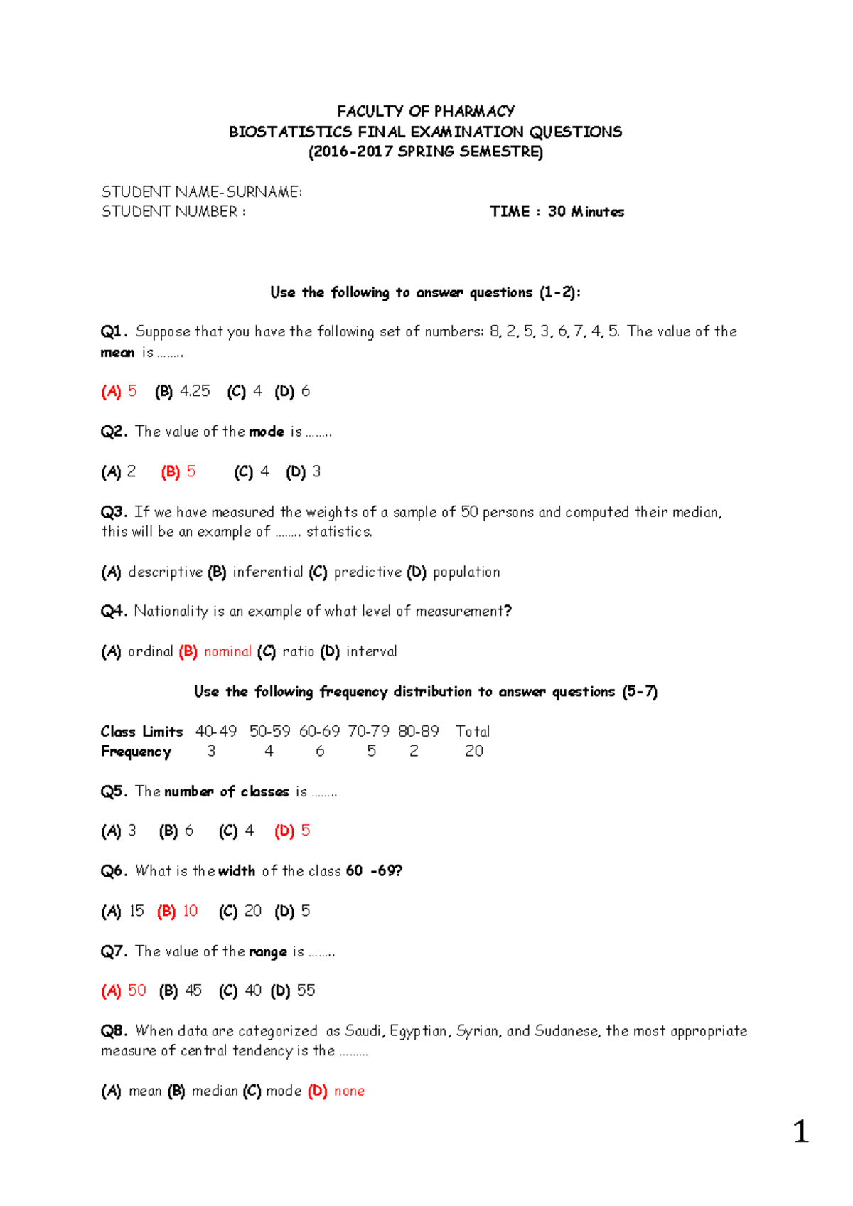 Biostatistics 405631044 Final Exam Question Bank Spring Semester - Studocu