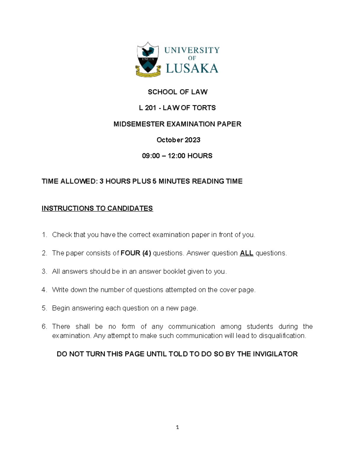 L 201 LAW OF TORTS MIDSEMESTER EXAMINATION PAPER October 2023 - Studocu