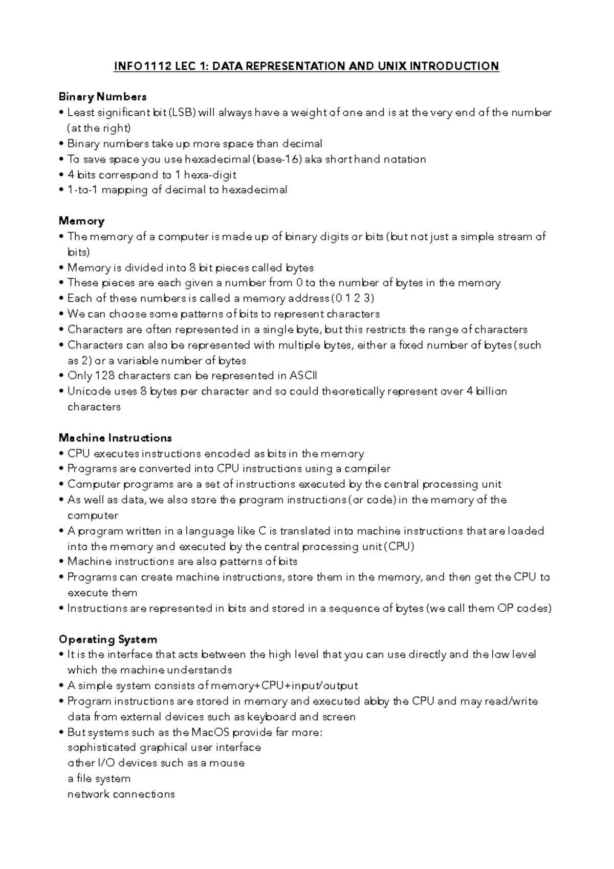 INFO1112 LEC 1 - lecture 1 notes - INFO1112 LEC 1: DATA REPRESENTATION ...