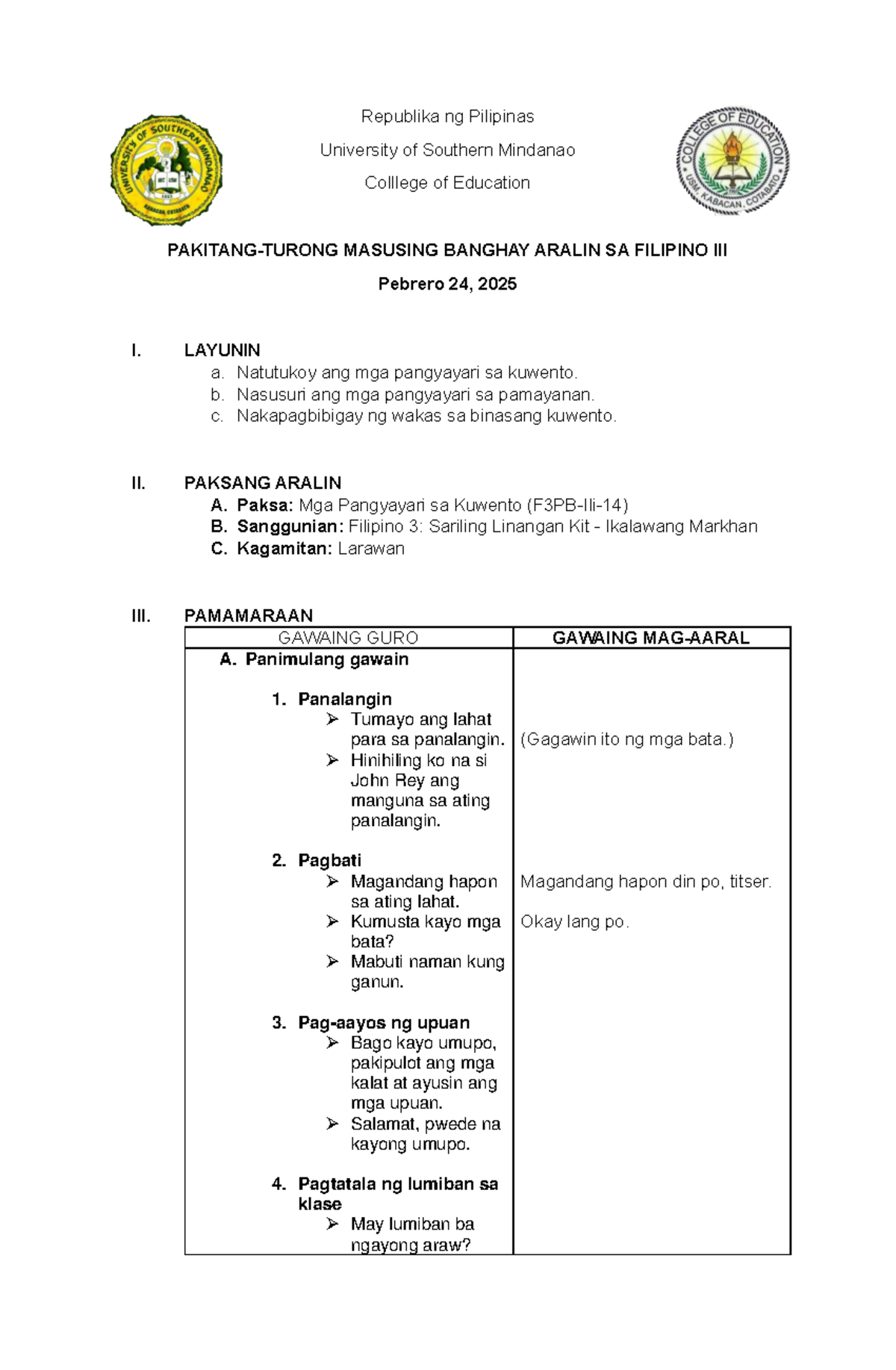 Filipino LP - For reference - Republika ng Pilipinas University of ...