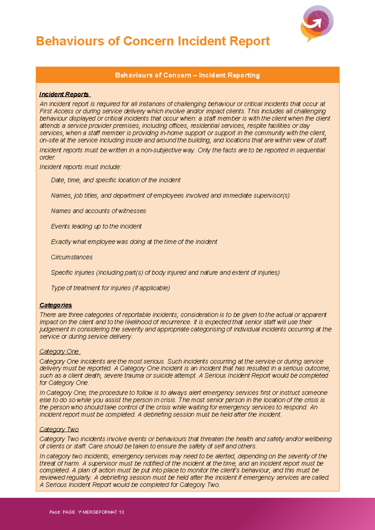 CHCCC009 AT 3: Behaviours of Concern Incident Reporting Guide - Studocu