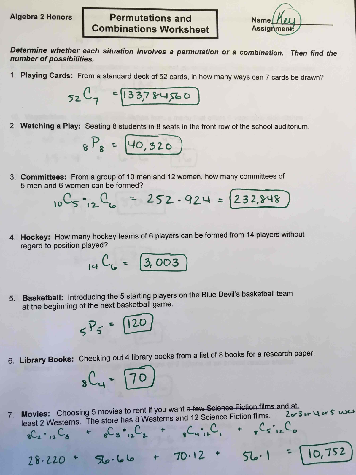 Permutations and Combinations Worksheet KEY - Algebra 2 Honors ...
