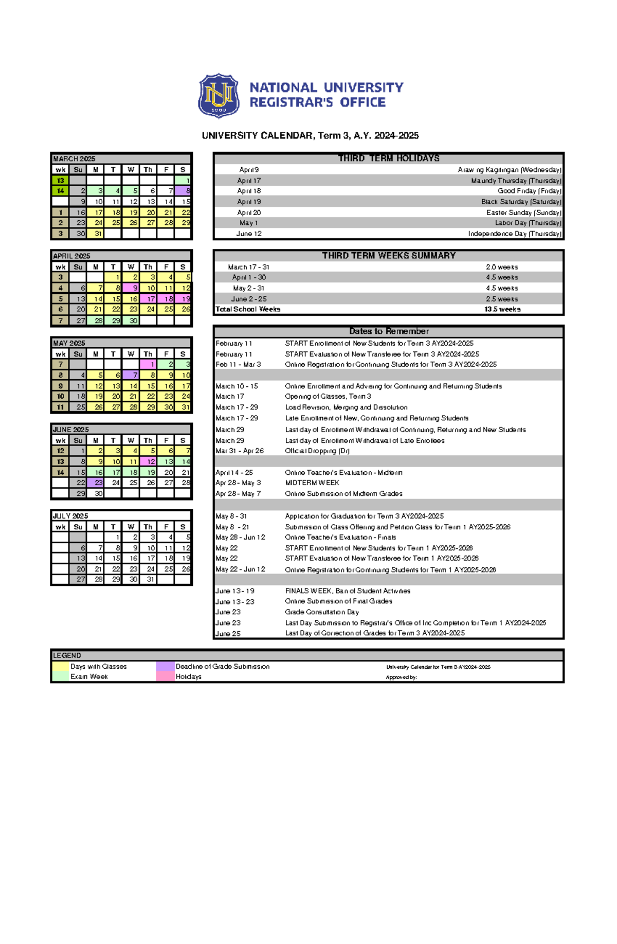University Calendar: Term 3 AY 2024-2025 Overview - Studocu