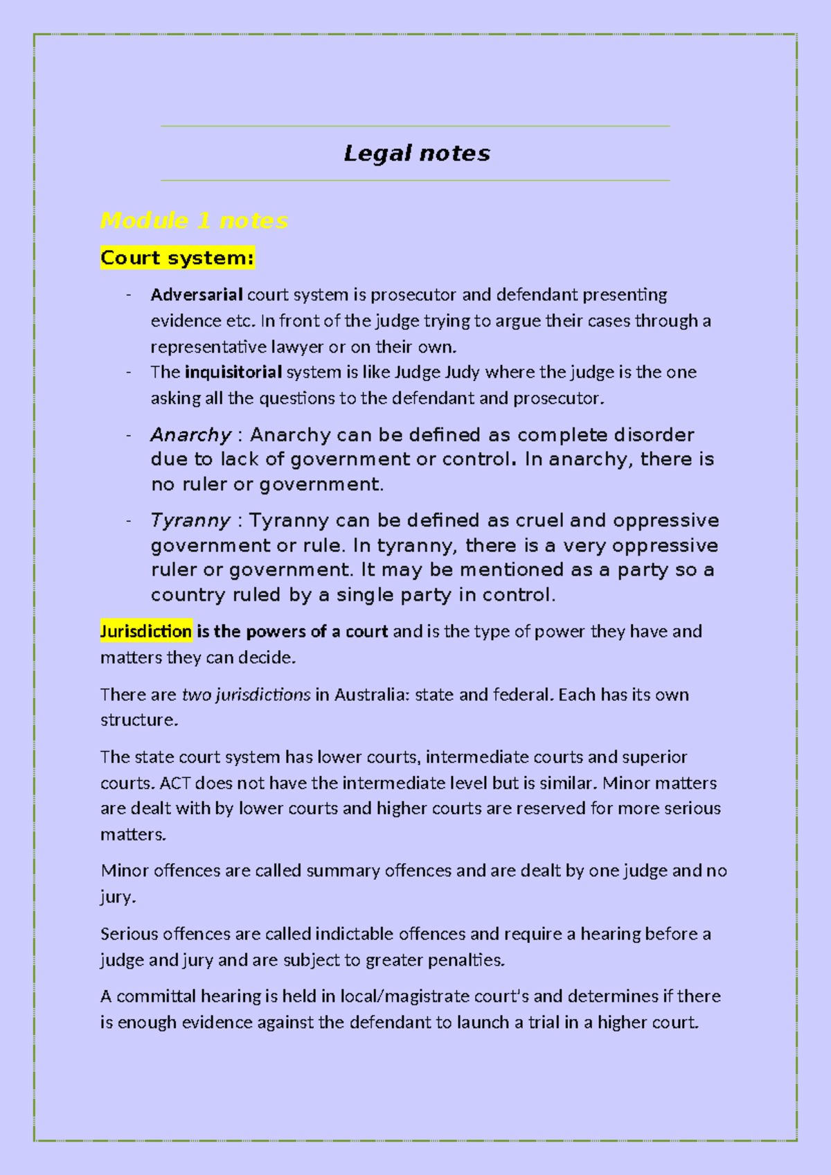 Mod1&2 Legal Prelim Notes: Court Systems, Jurisdiction & Rights - Studocu