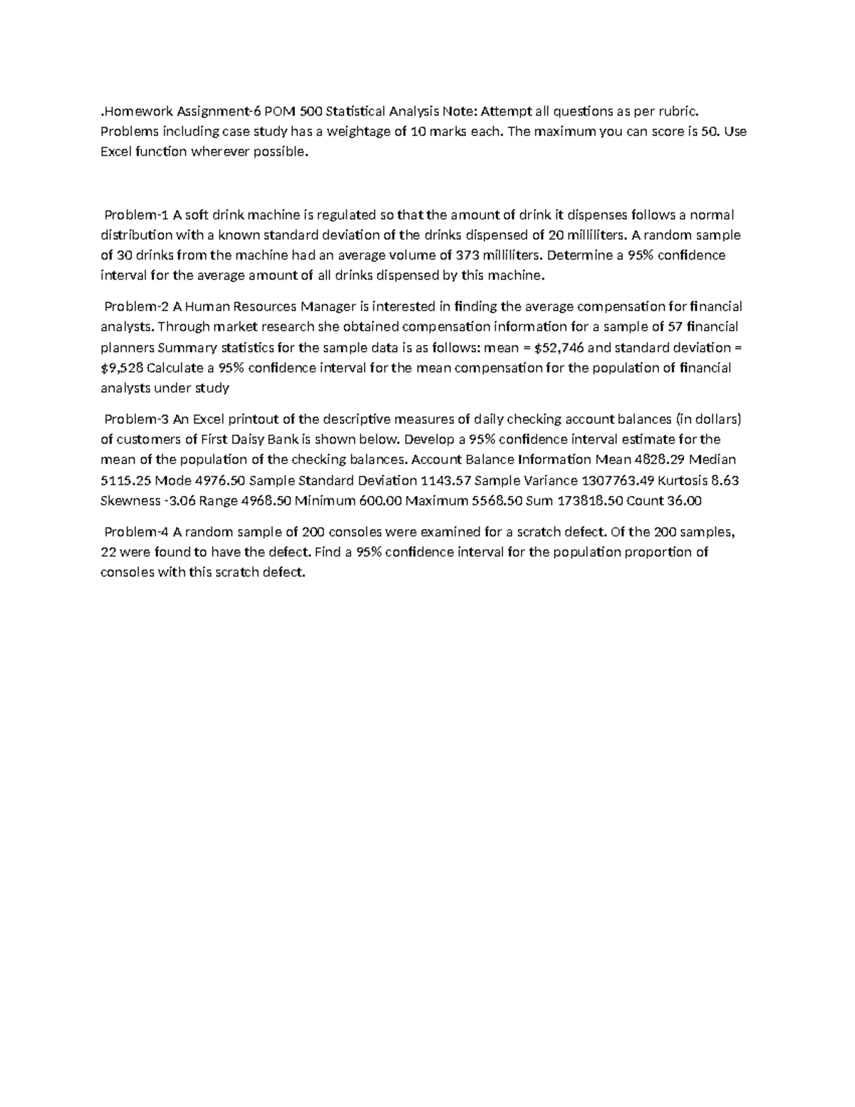Homework Assignment 6 - POM 500 Statistical Analysis Solutions - Studocu