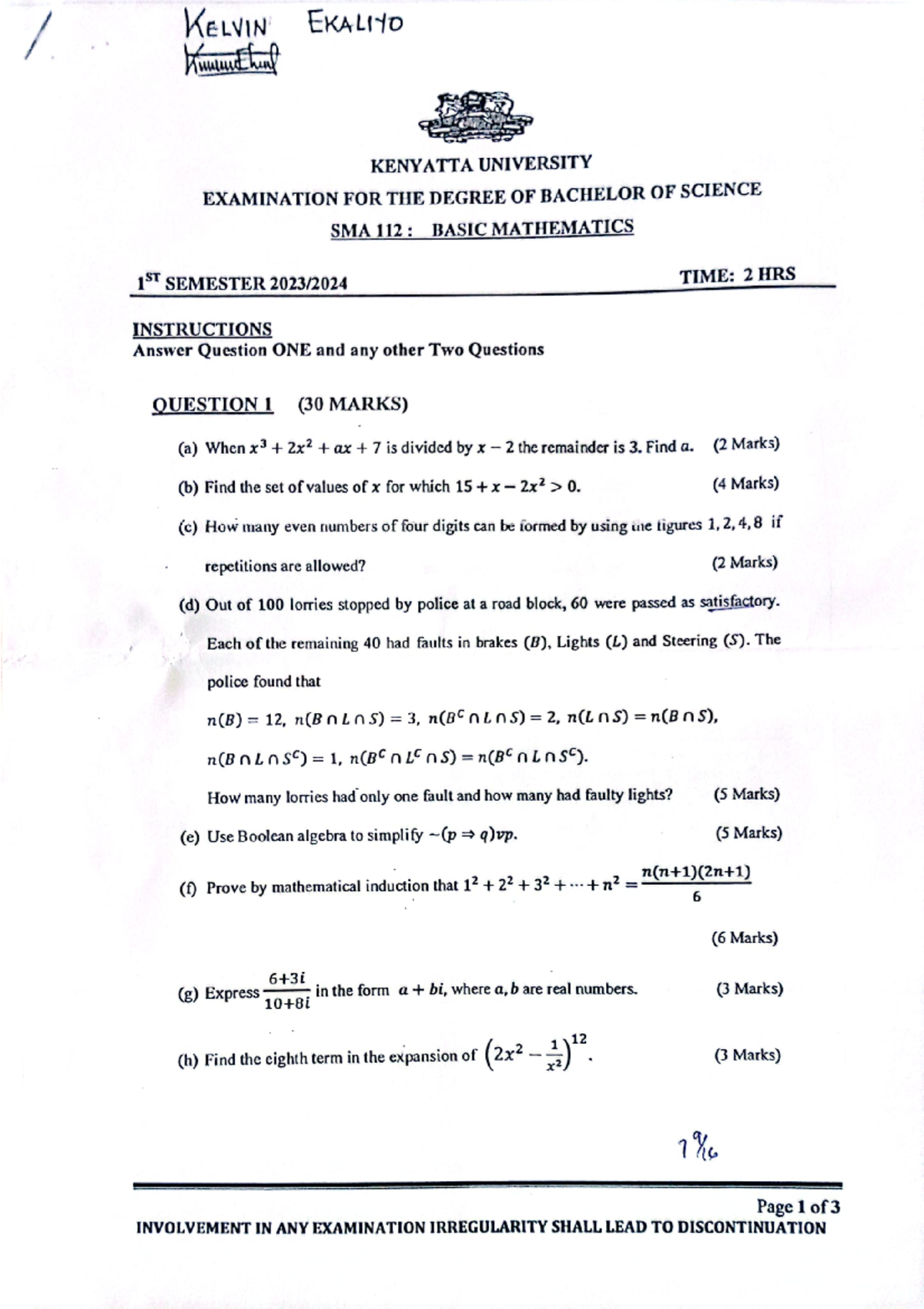 SMA 112 Basic Mathematics Exam Paper - Kenyatta University - Studocu