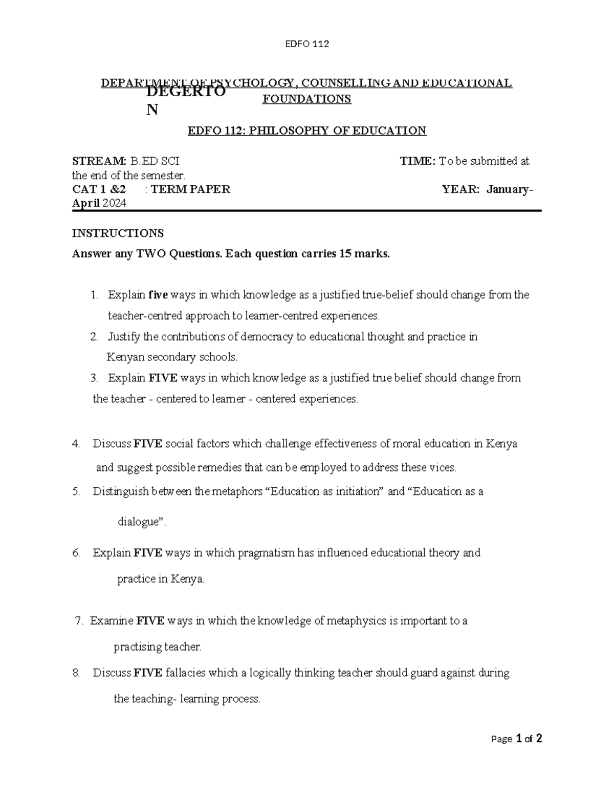 EDFO 112 Term Paper - Revision Questions for Philosophy of Education ...