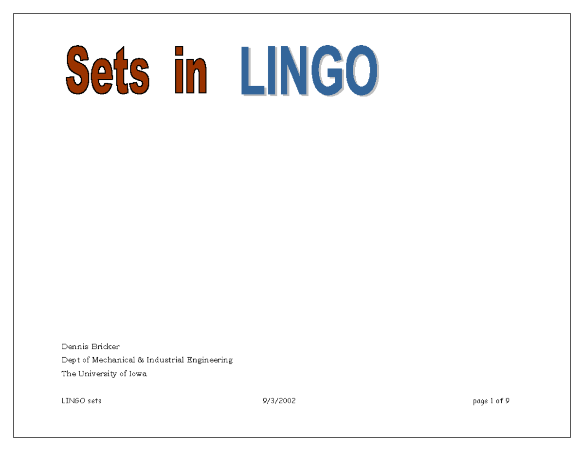 Lingo Sets and Algorithms in OR - MIE Course Insights - Studocu