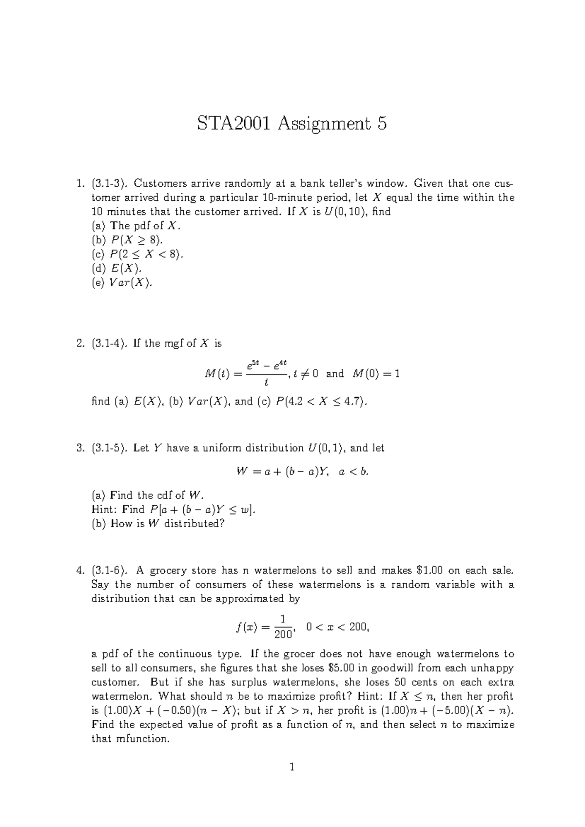 STA2001 2024 Final HW5 - Analysis of Continuous Random Variables - Studocu