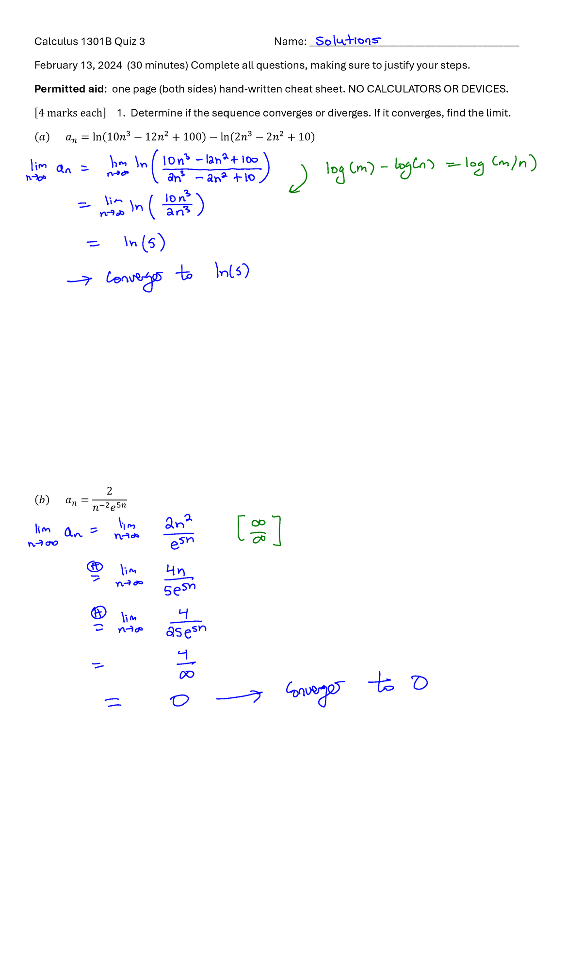 Calc 1301 Quiz 3B solution - Calculus 1301B Quiz 3 Name