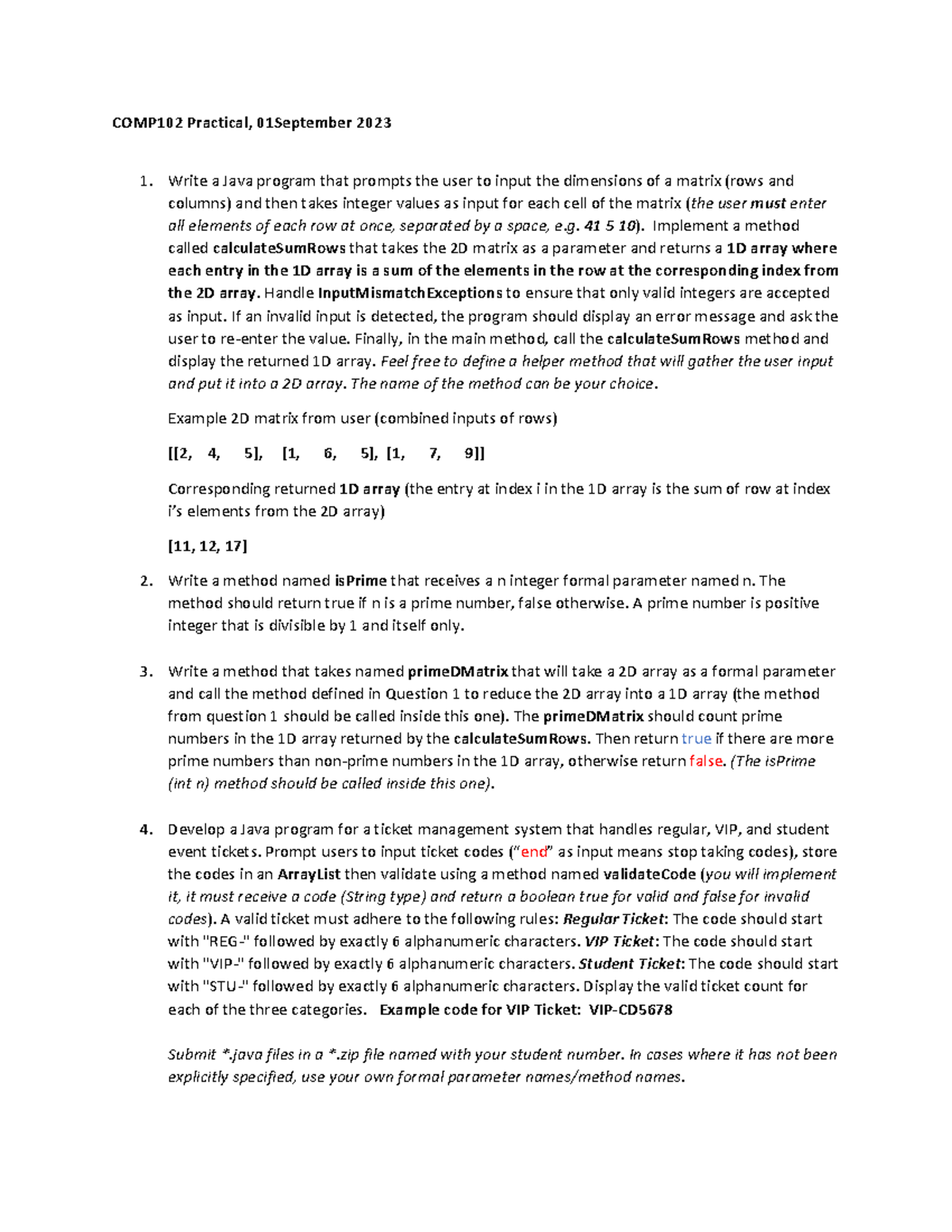 COMP102 Practical: Java Matrix and Ticket Management System - Studocu