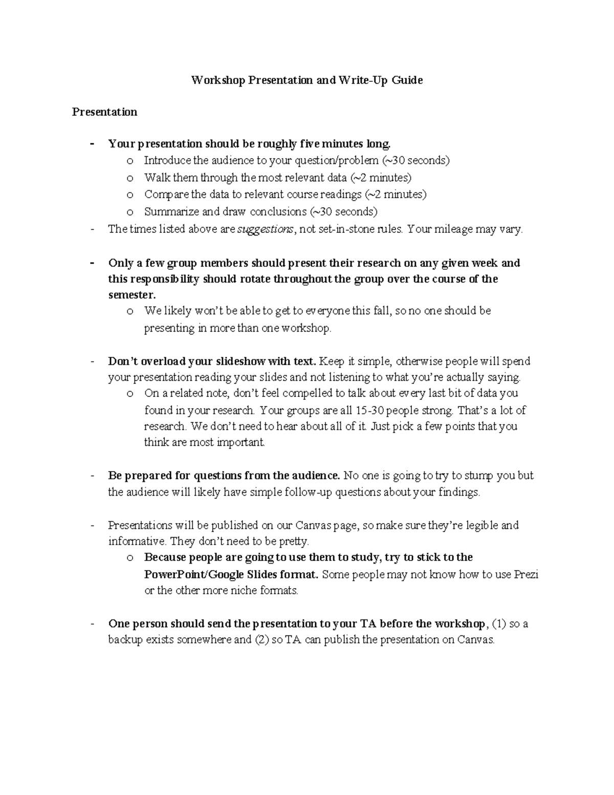 Workshop Presentation & Write-Up Guidelines (Course Code) - Studocu
