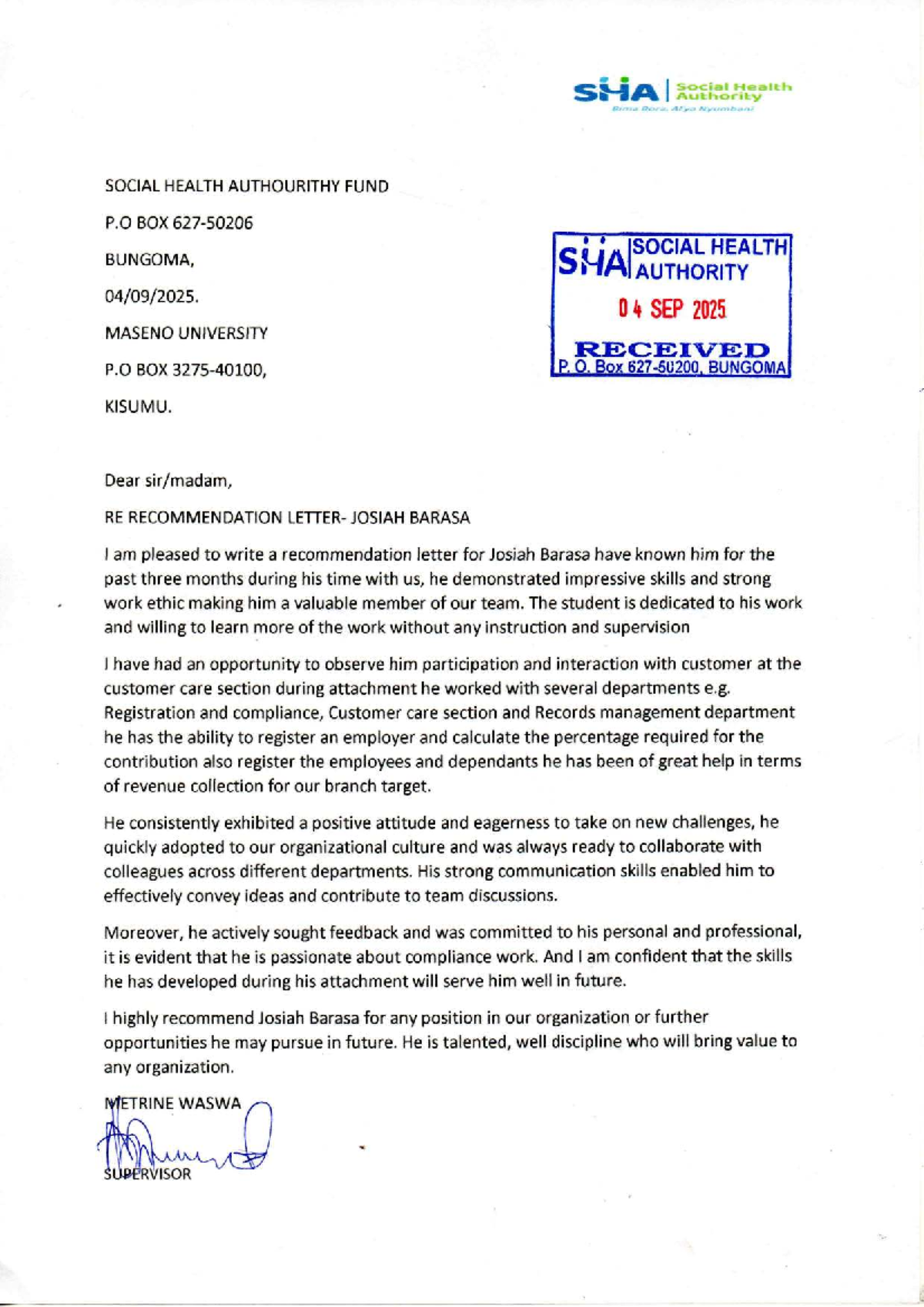 Recommendation Letter for Josiah Barasa - SHA Social Health Authority ...