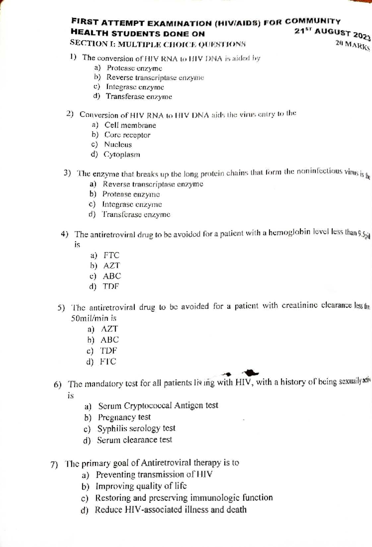 MCHS HIV/AIDS Final Exam Questions and Answers - August 2023 - Studocu