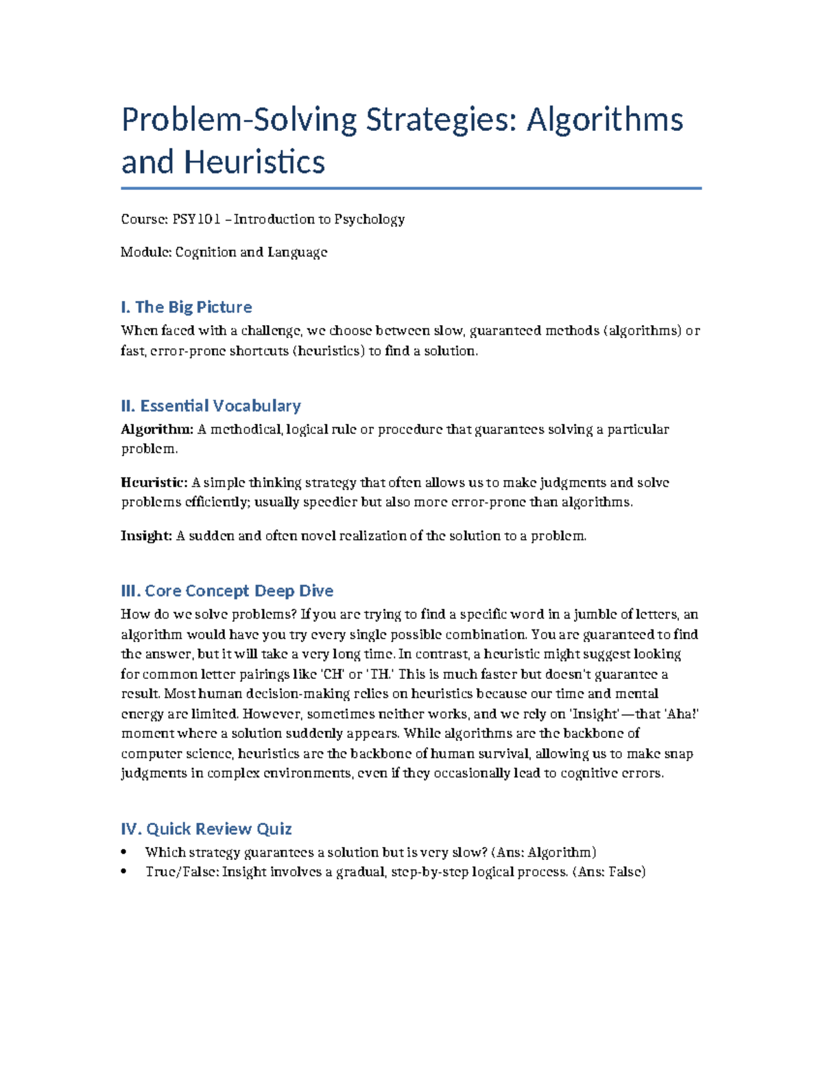 PSY101: Problem Solving Strategies - Algorithms vs. Heuristics - Studocu