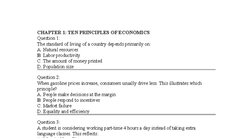 CHAPTER 1: TEN PRINCIPLES OF ECONOMICS - Practice Questions - Studocu