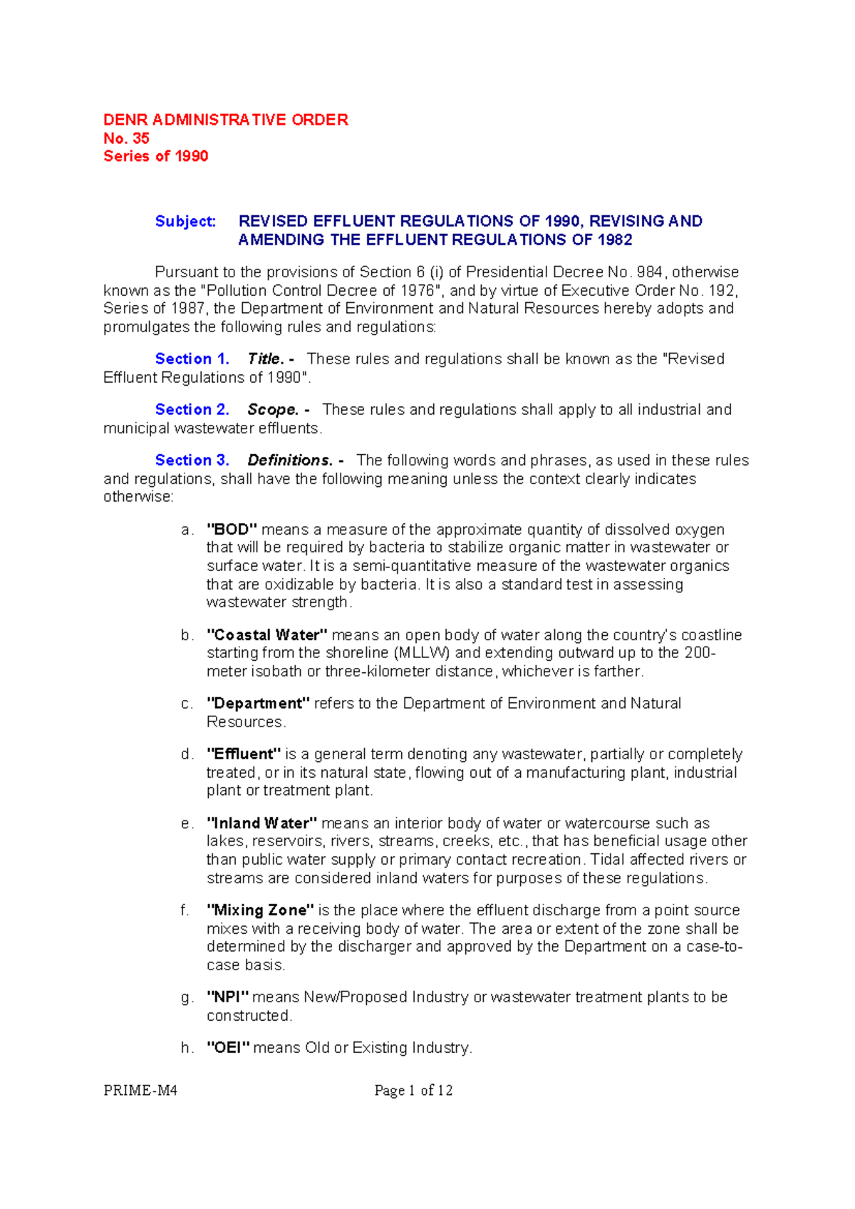 DAO 90-35: Revised Effluent Regulations of 1990 - Studocu