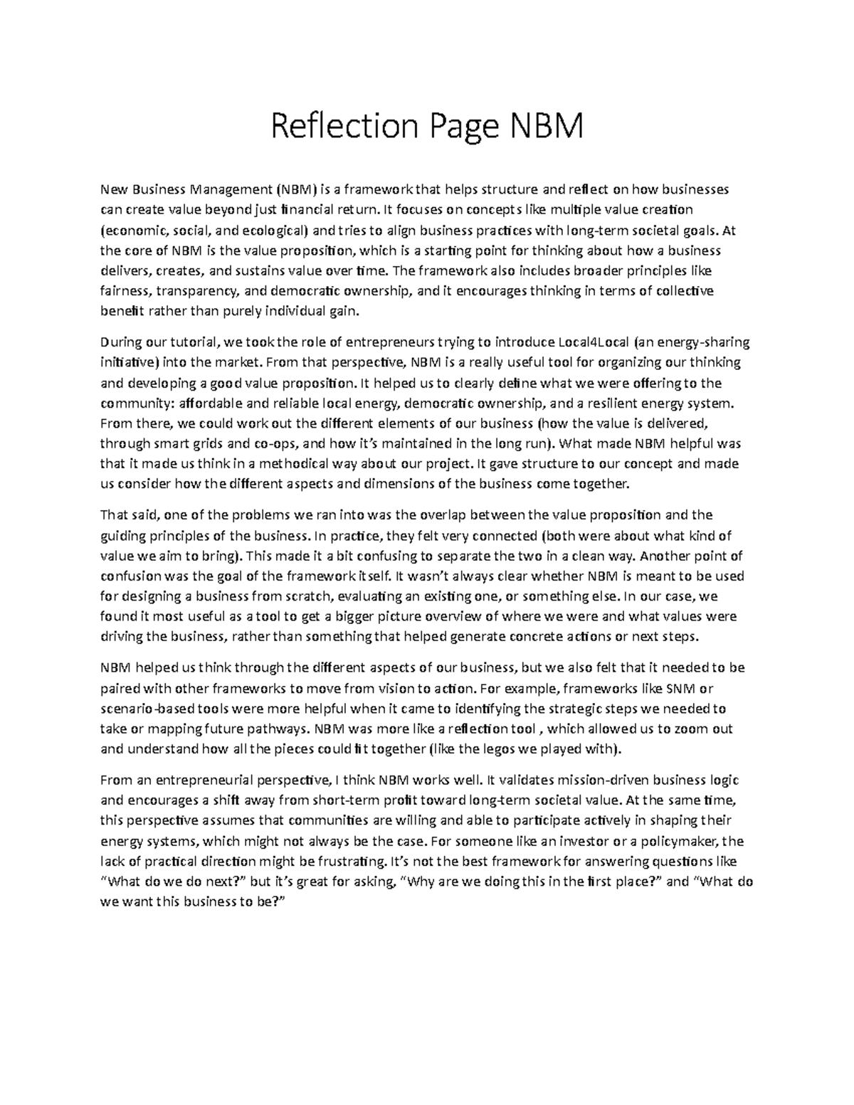 Reflection on NBM Framework in New Business Management (NBM) - Studeersnel