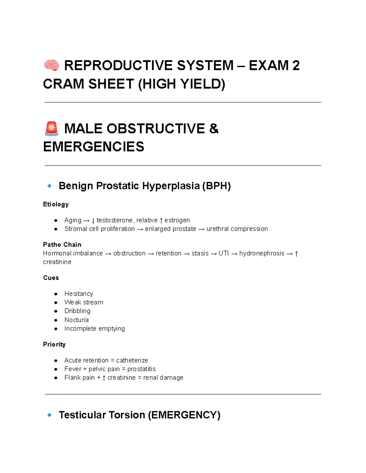 EXAM 2 REPRODUCTIVE SYSTEM CRAM SHEET: HIGH YIELD NOTES - Studocu
