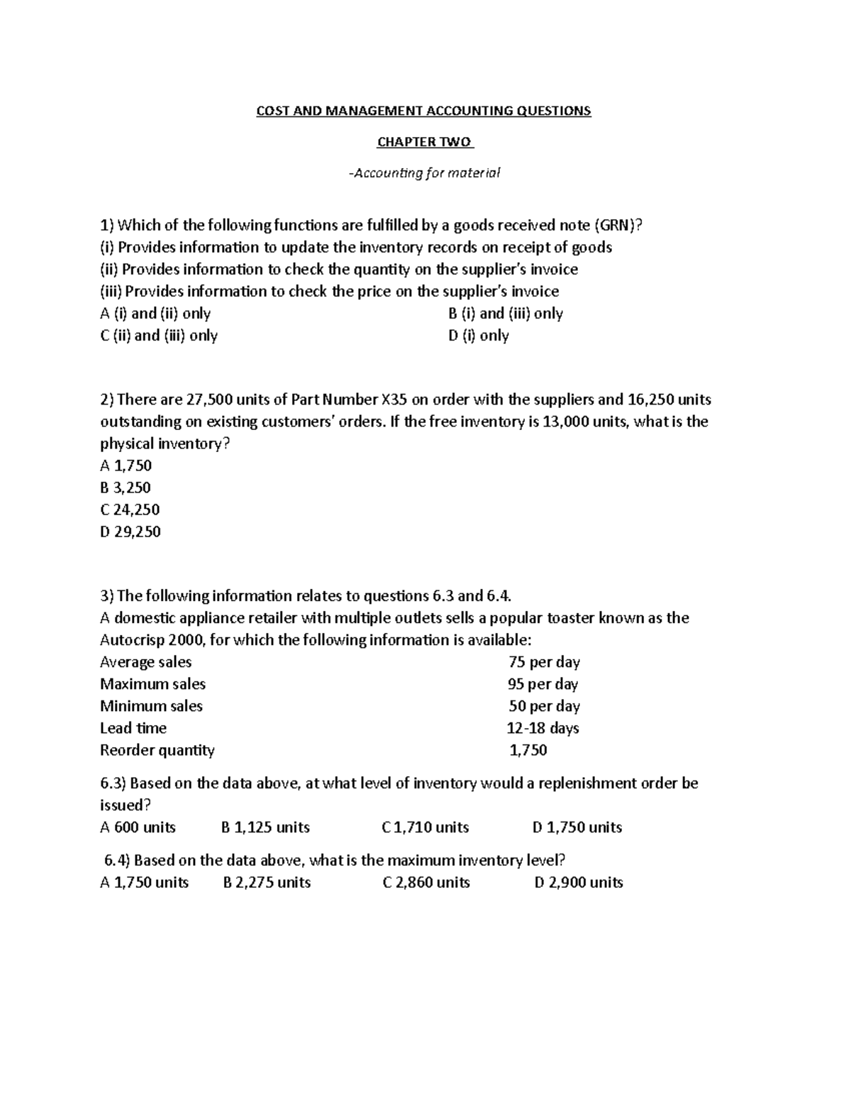 CMA 101: MCQ Notes for Chapter 2 - Cost & Management Accounting - Studocu