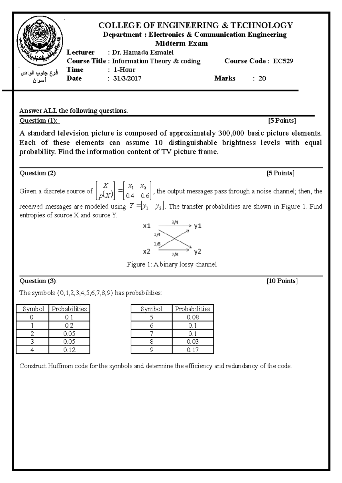 Mid Exam EC529 - Information Theory & Coding Questions and Answers ...