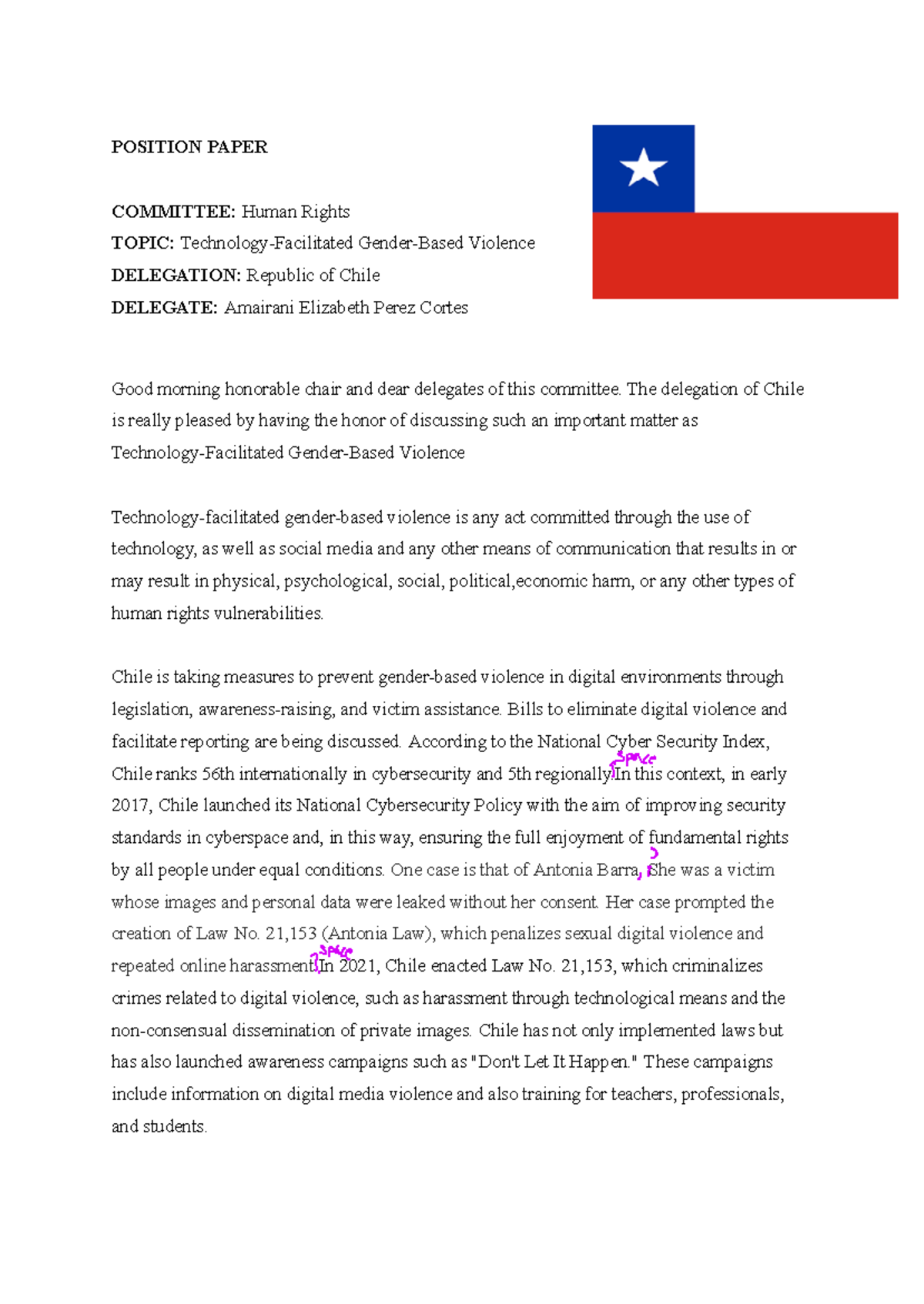Position Paper: Human Rights & Violence - Chile Delegation - Studocu