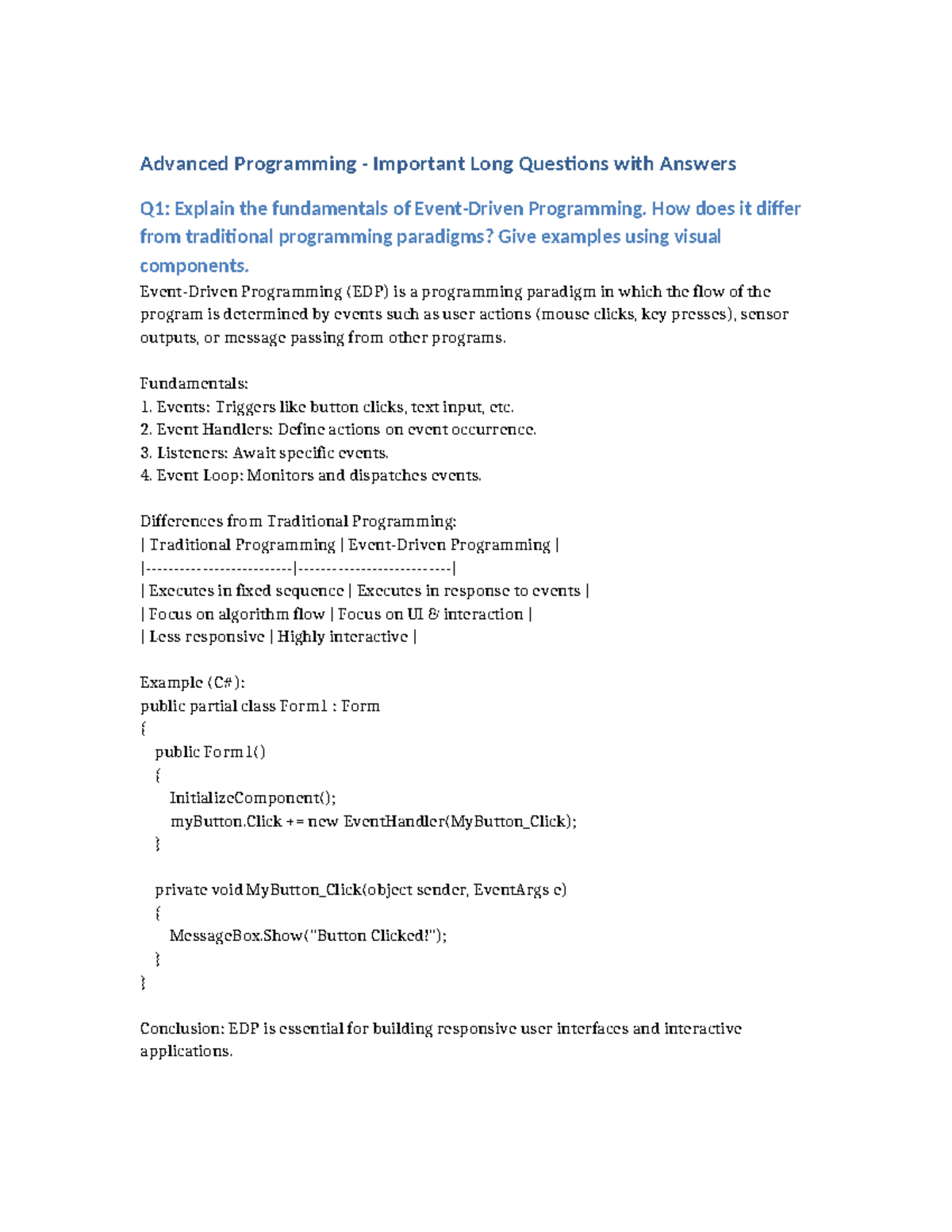 Advanced Programming (EDP) Long Questions & Answers Overview - Studocu