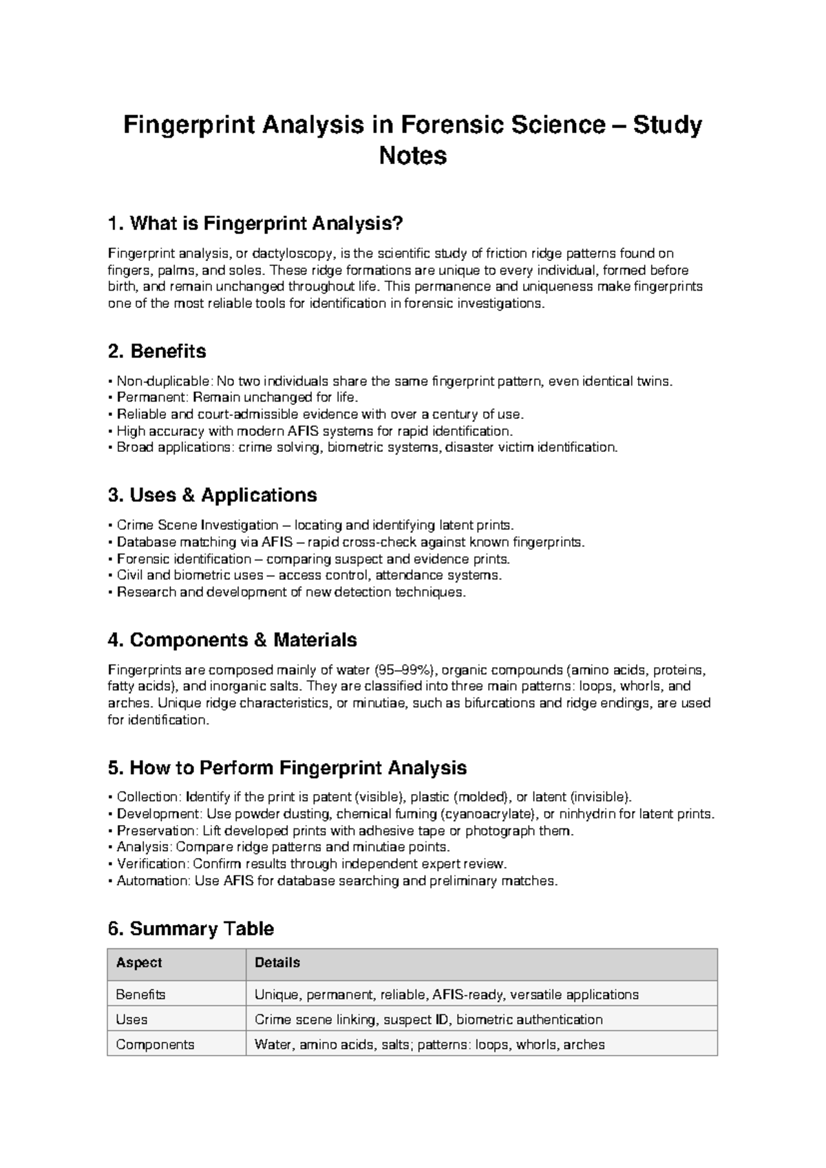 Fingerprint Analysis in Forensic Science Study Notes (FS 101) - Studocu