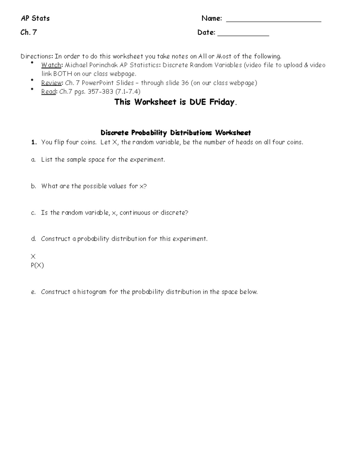 AP Stats Discrete Probability Distributions Worksheet 2 - Chapter 7 ...