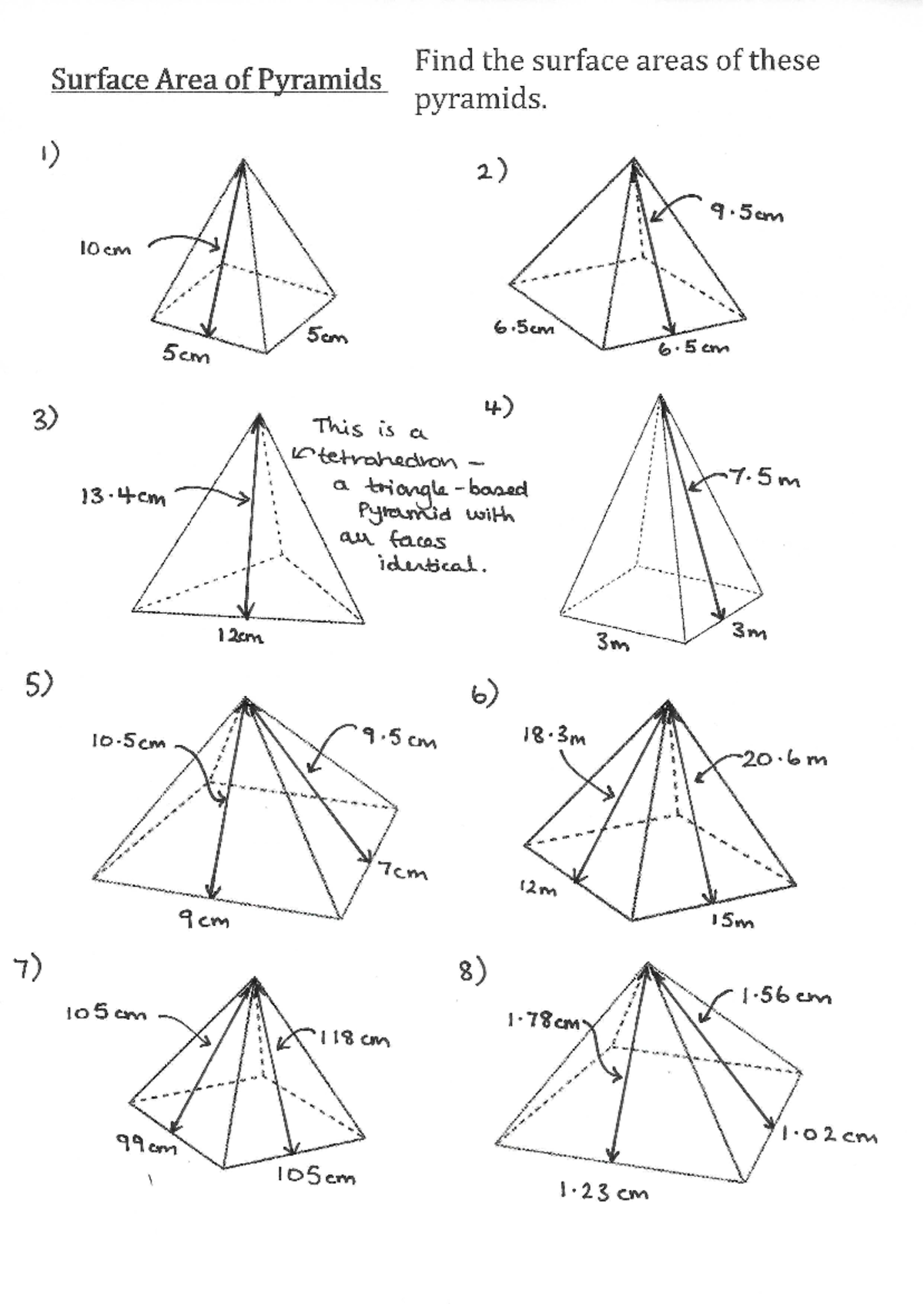 SA of Pyramids and Frustums Including Answers - Find the surface areas ...