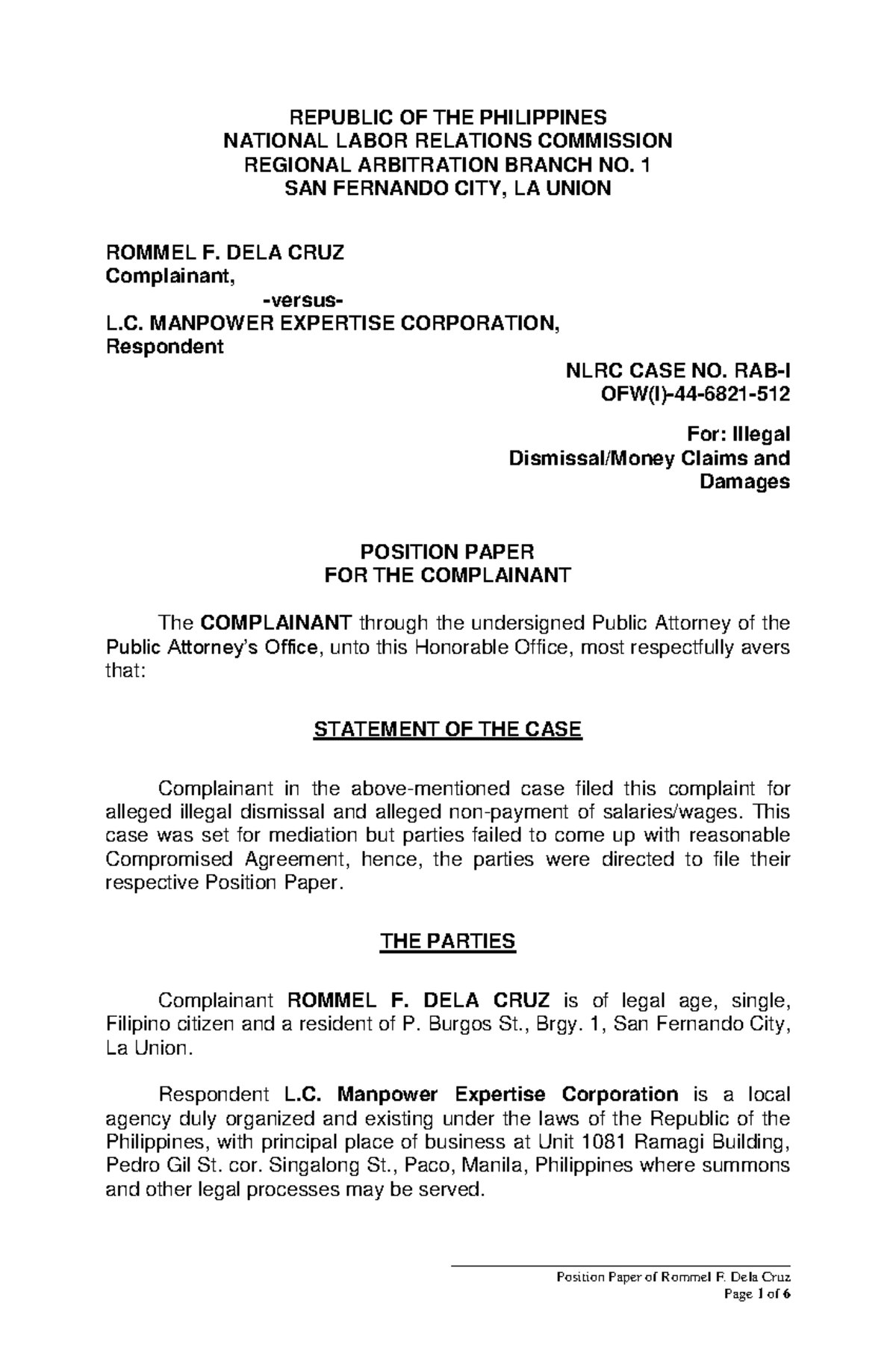 Position Paper on Illegal Dismissal Case No. RAB-I 44-6821-512 - Studocu