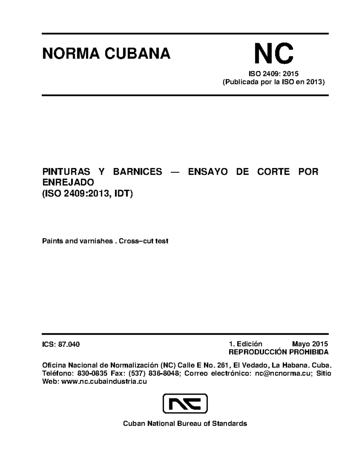 NC - ISO 2409:2015: Ensayo de Corte por Enrejado en Pinturas y Barnices - Document Preview