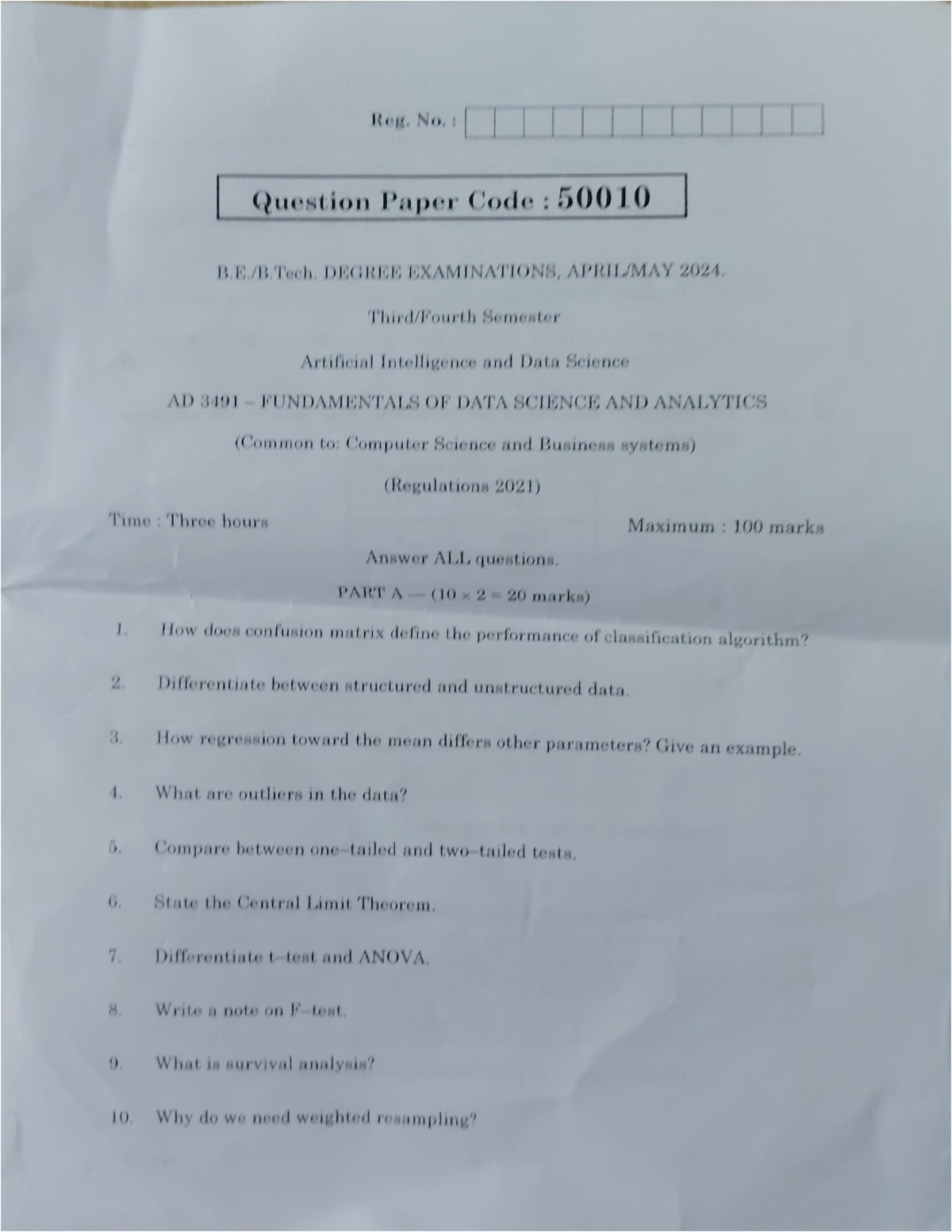 FDSA Final Exam Question Paper - April May 2024 AD 3491 - Studocu