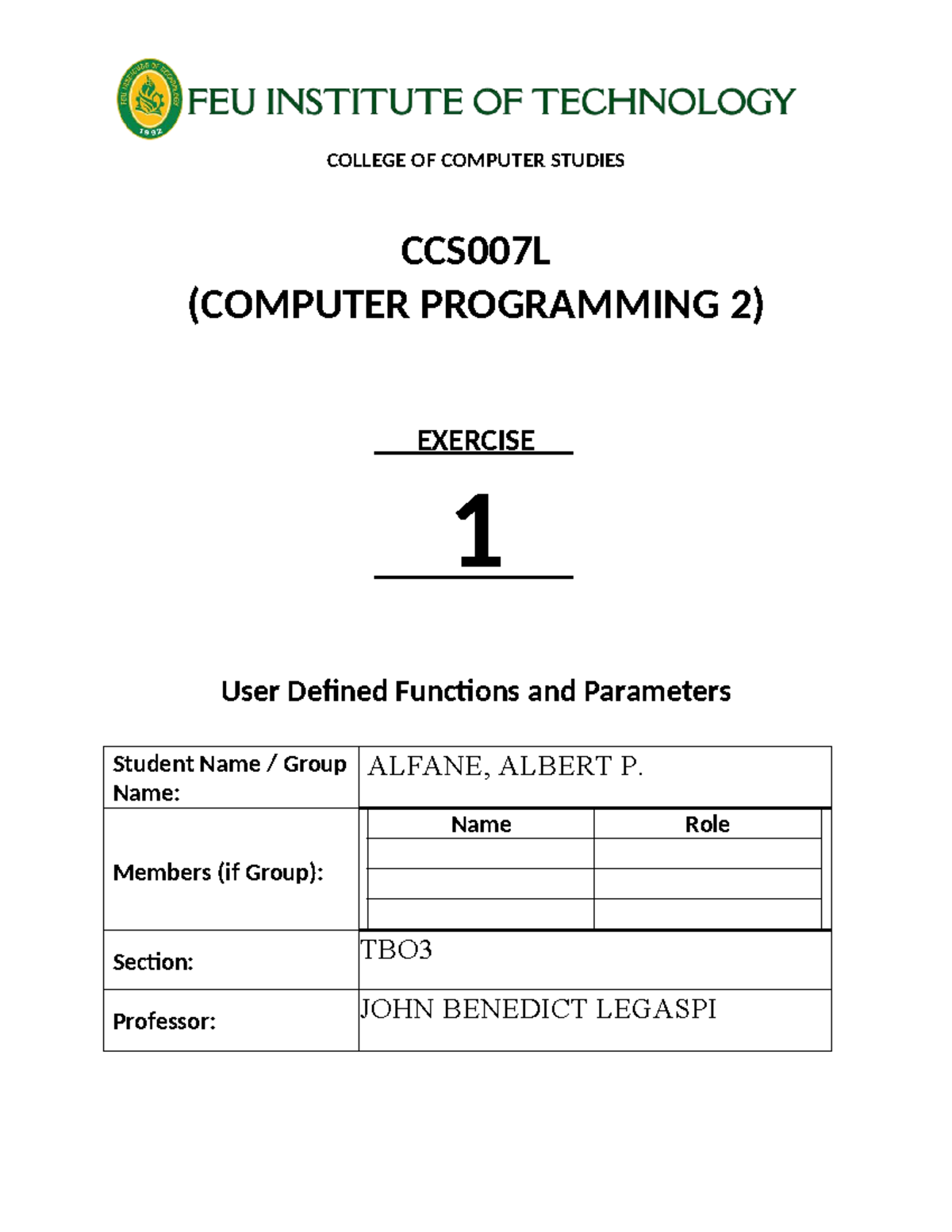 CCS007L - Lab Exercise 1: User Defined Functions & Parameters - Studocu