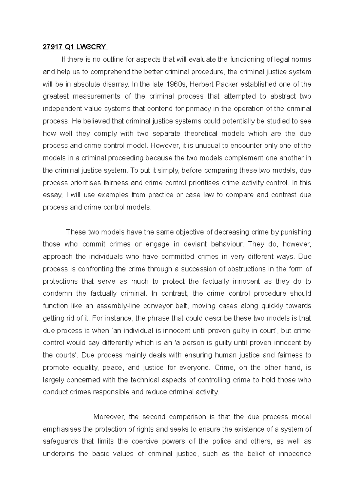 Criminology Exam Paper: Comparing Due Process & Crime Control Models ...