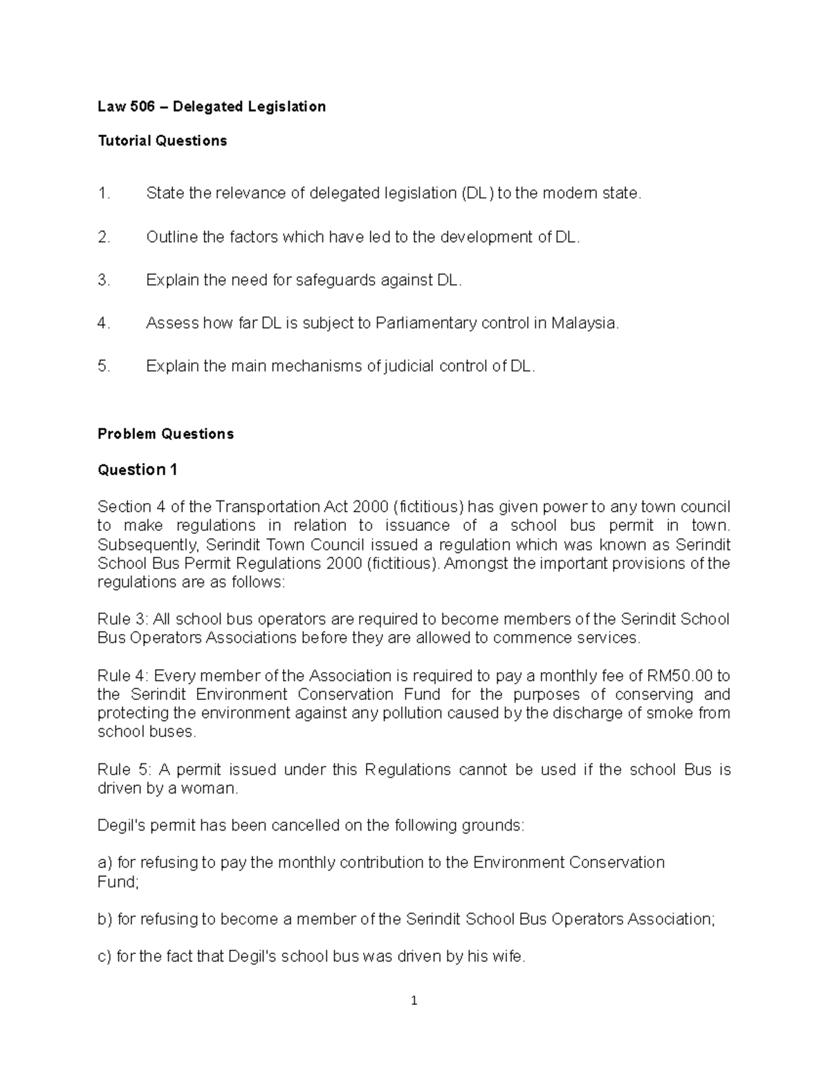 Law 506 - Tutorial Questions on Delegated Legislation Concepts - Studocu