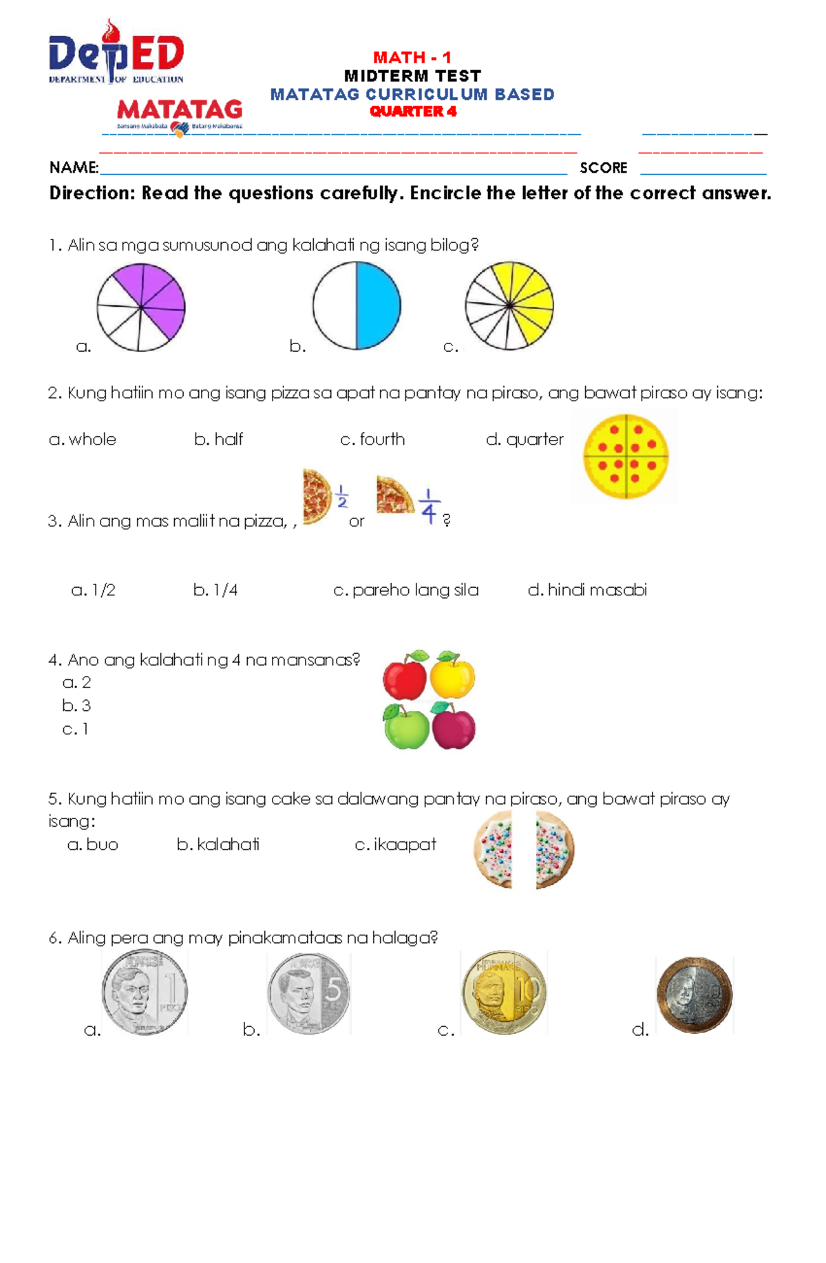 MATH 1 MIDTERM TEST: TAGALOG VERSION - SUMMATIVE ASSESSMENT - Studocu