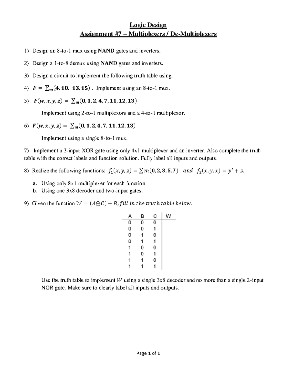 Ex ch7 - exercises - Page 1 of 1 Logic Design Assignment # 7 ...