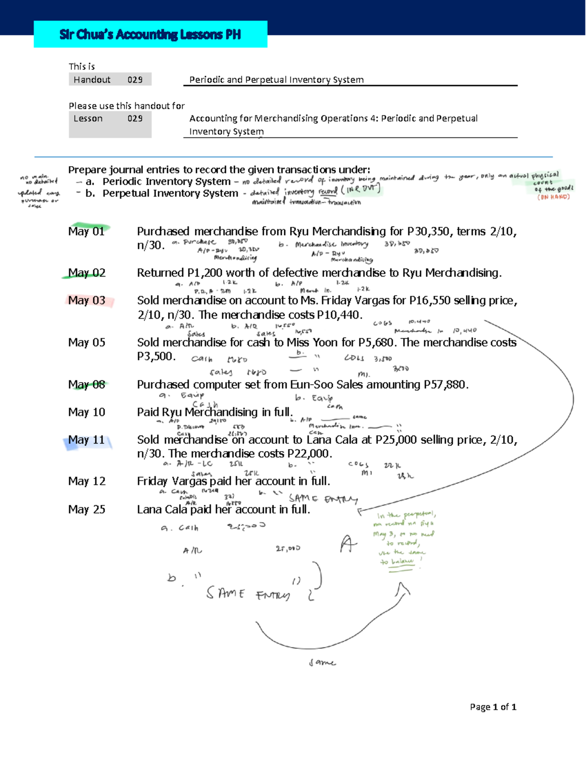 Lesson 029: Periodic & Perpetual Inventory System Handout - Studocu
