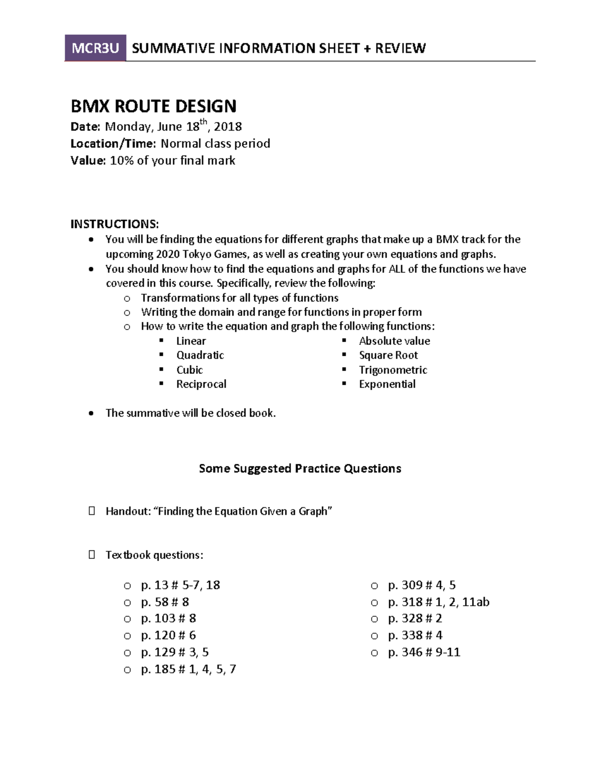 MCR3U SUMMATIVE REVIEW: BMX ROUTE DESIGN & EQUATIONS - Studocu image.