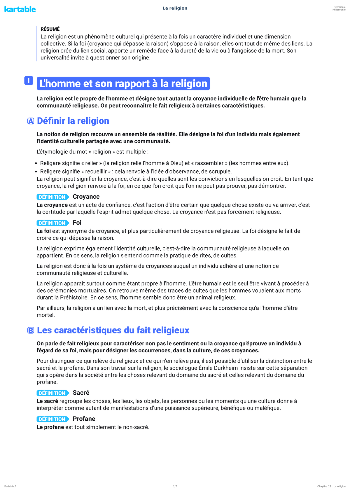 Chapitre 12 : La Religion - Terminale Philosophie RÉSUMÉ - Studocu