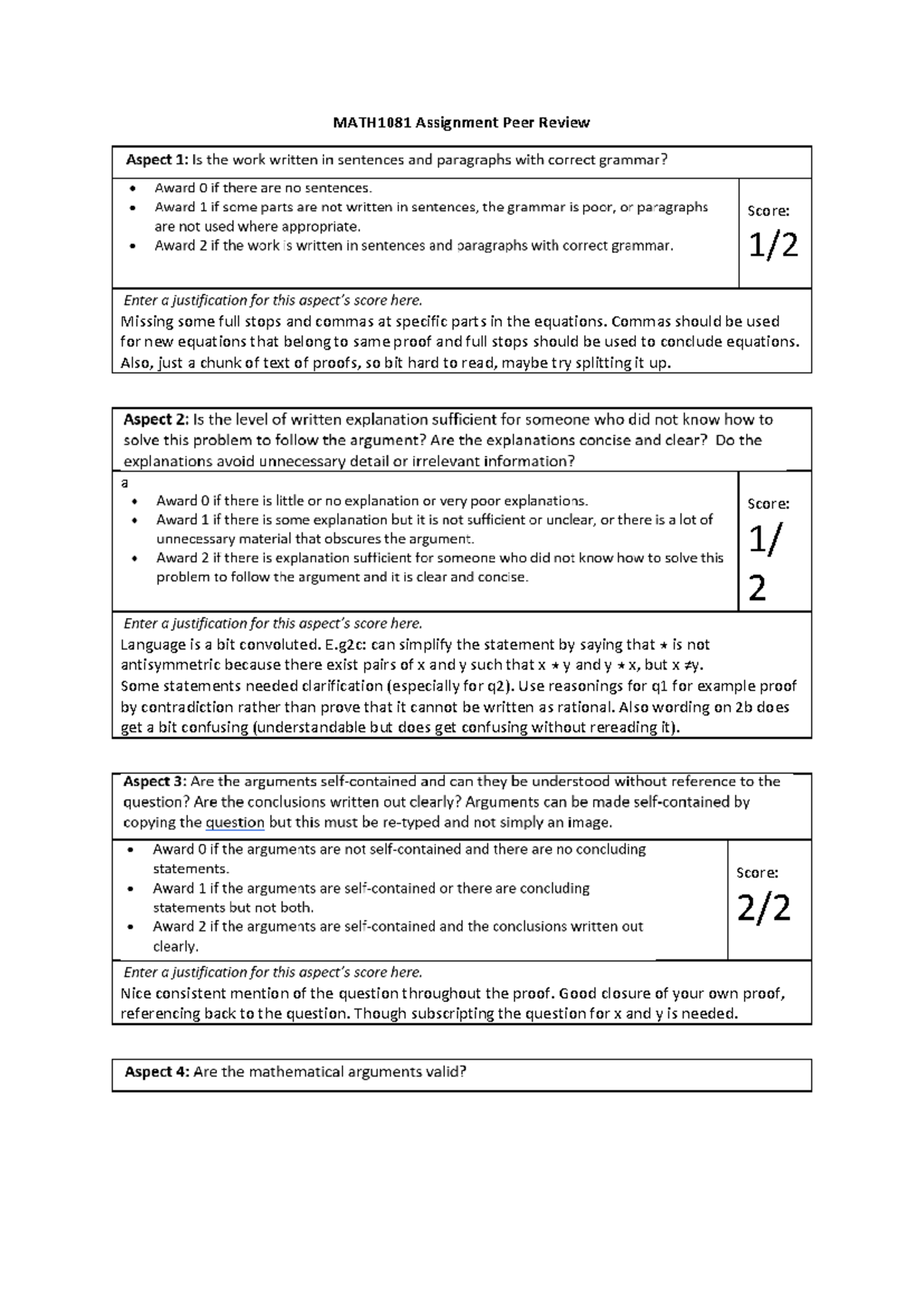 MATH1081 PEER Review - Other - MATH1081 Assignment Peer Review Score: 1 ...