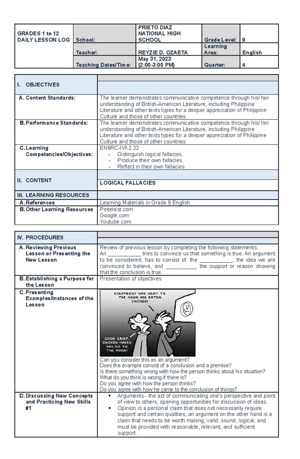 COT2-2023 - Sample Lesson Plan - GRADES 1 to 12 DAILY LESSON LOG School ...