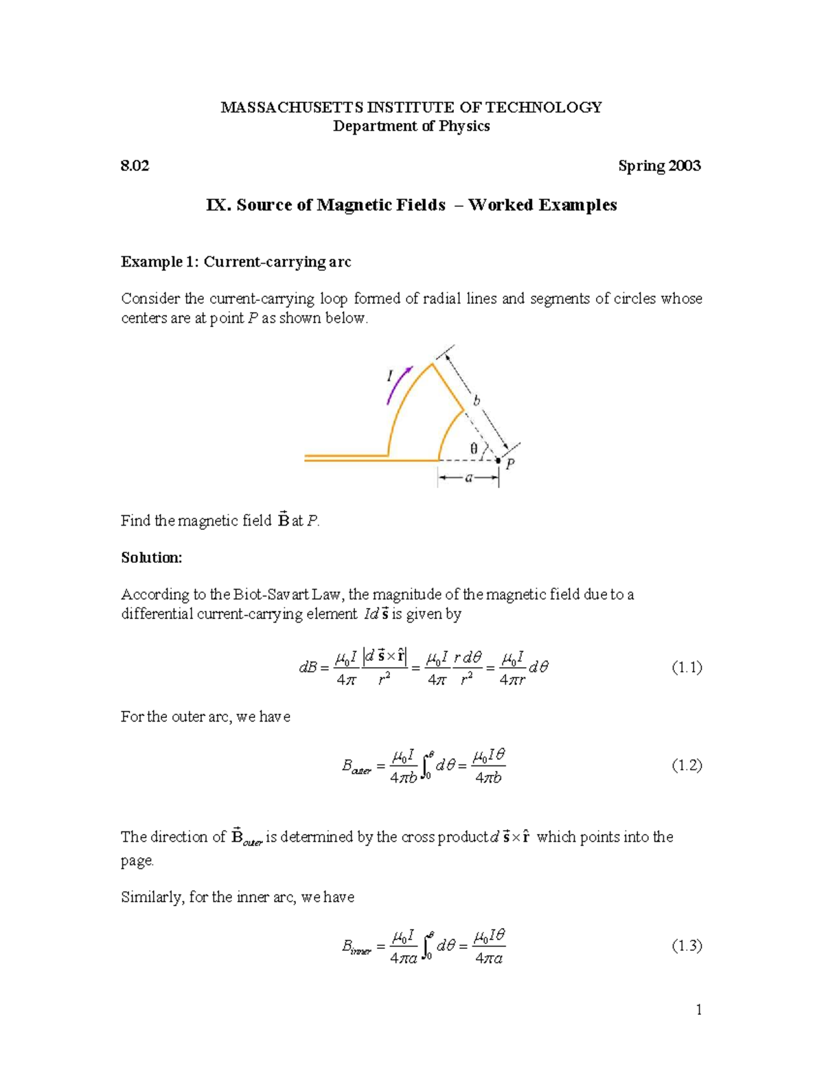 Worked Examples of Magnetic Fields for PHYS 8.02 - Spring 2003 - Studocu